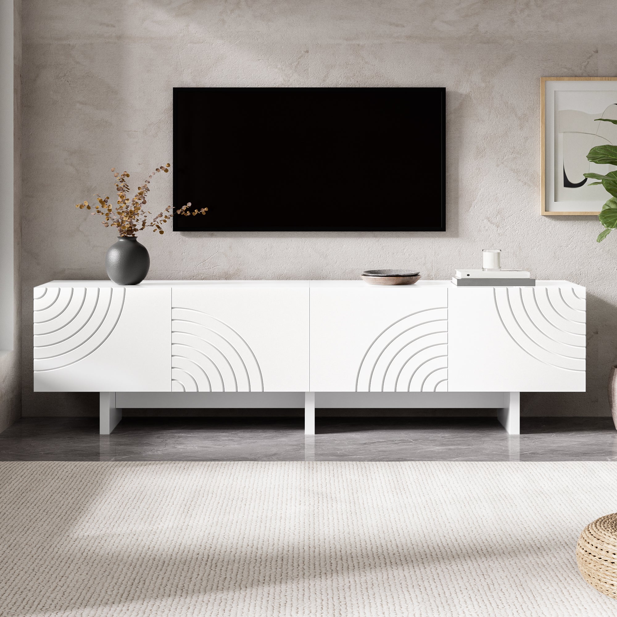 Szafka RTV z 4 drzwiami z geometrycznymi wzorami łukowymi - 170 x 35 x 50 cm - Płyta MDF i płyta wiórowa - Zintegrowany system kabli - Biały