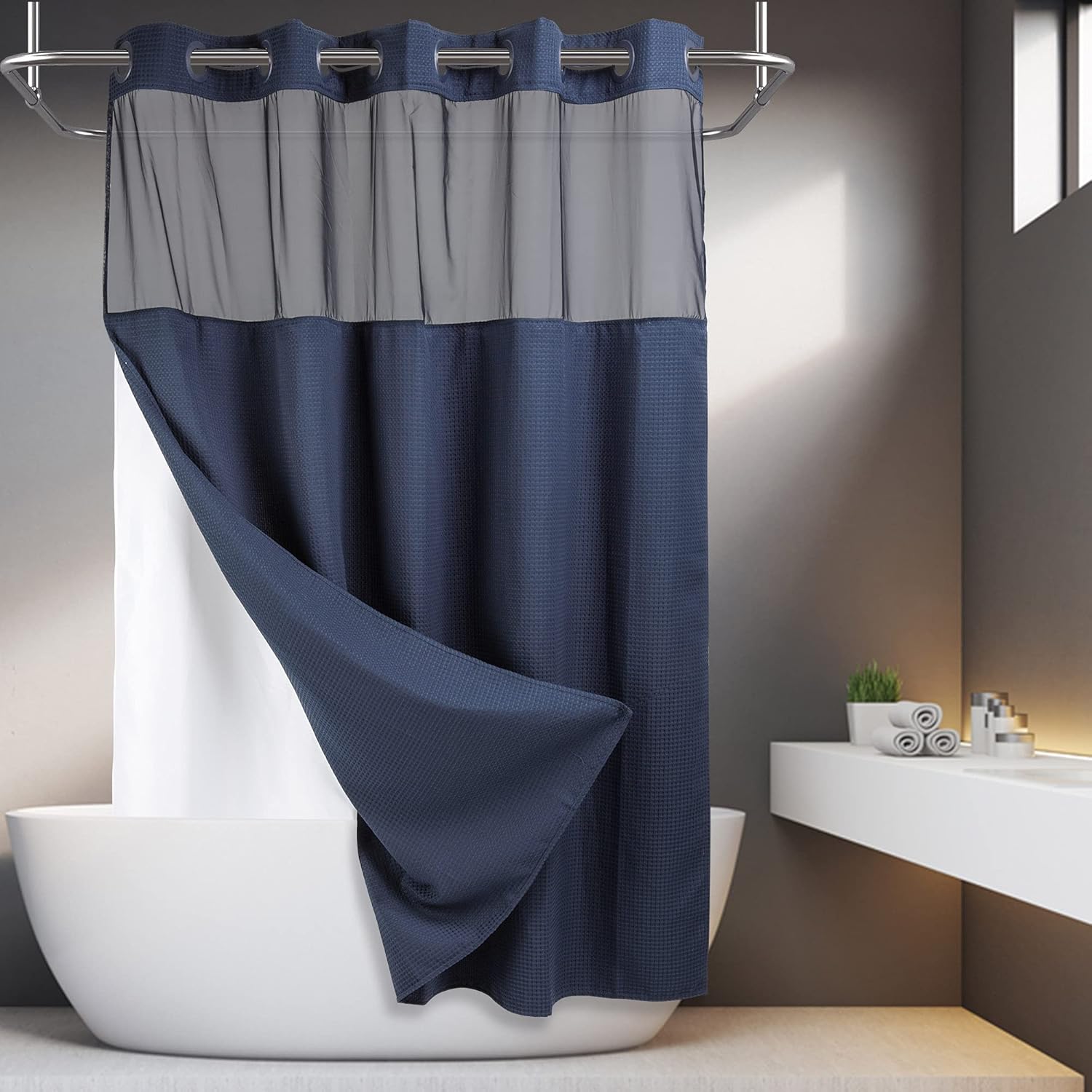 Wafelkowa zasłona prysznicowa bez haczyków z podszewką na zatrzaski – 180 cm szer. x 188 cm wys., jakość hotelowa, styl spa, granatowa