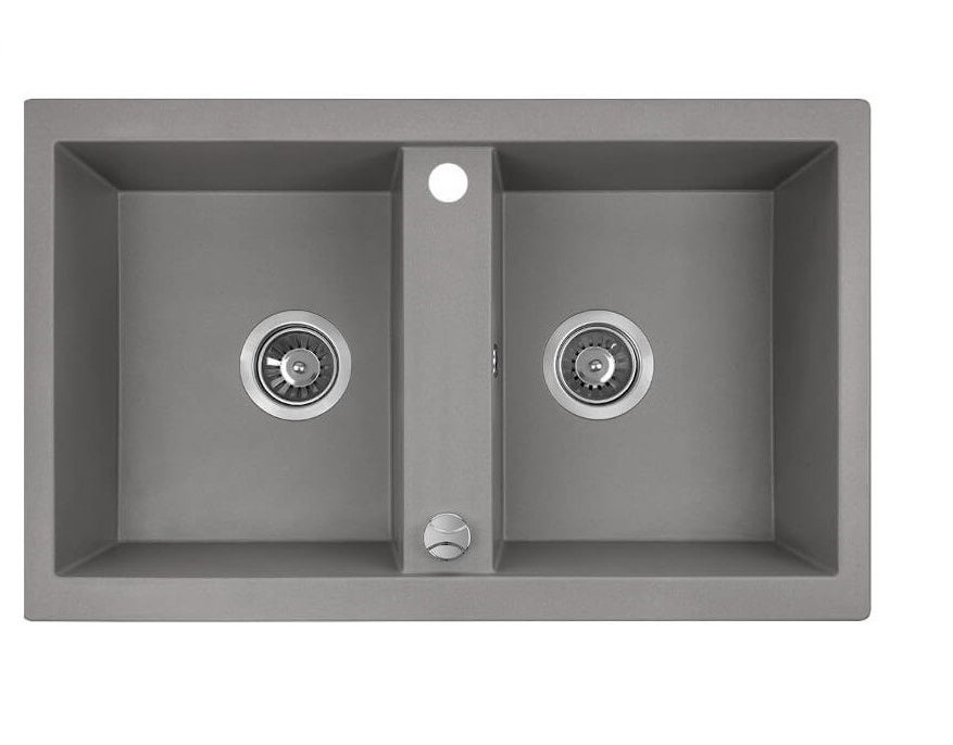 Zlewozmywak granitowy dwukomorowy szary Kuchinox 48x78 cm bez ociekacza z syfonem Space Saving i korkiem automatycznym 1. szt.