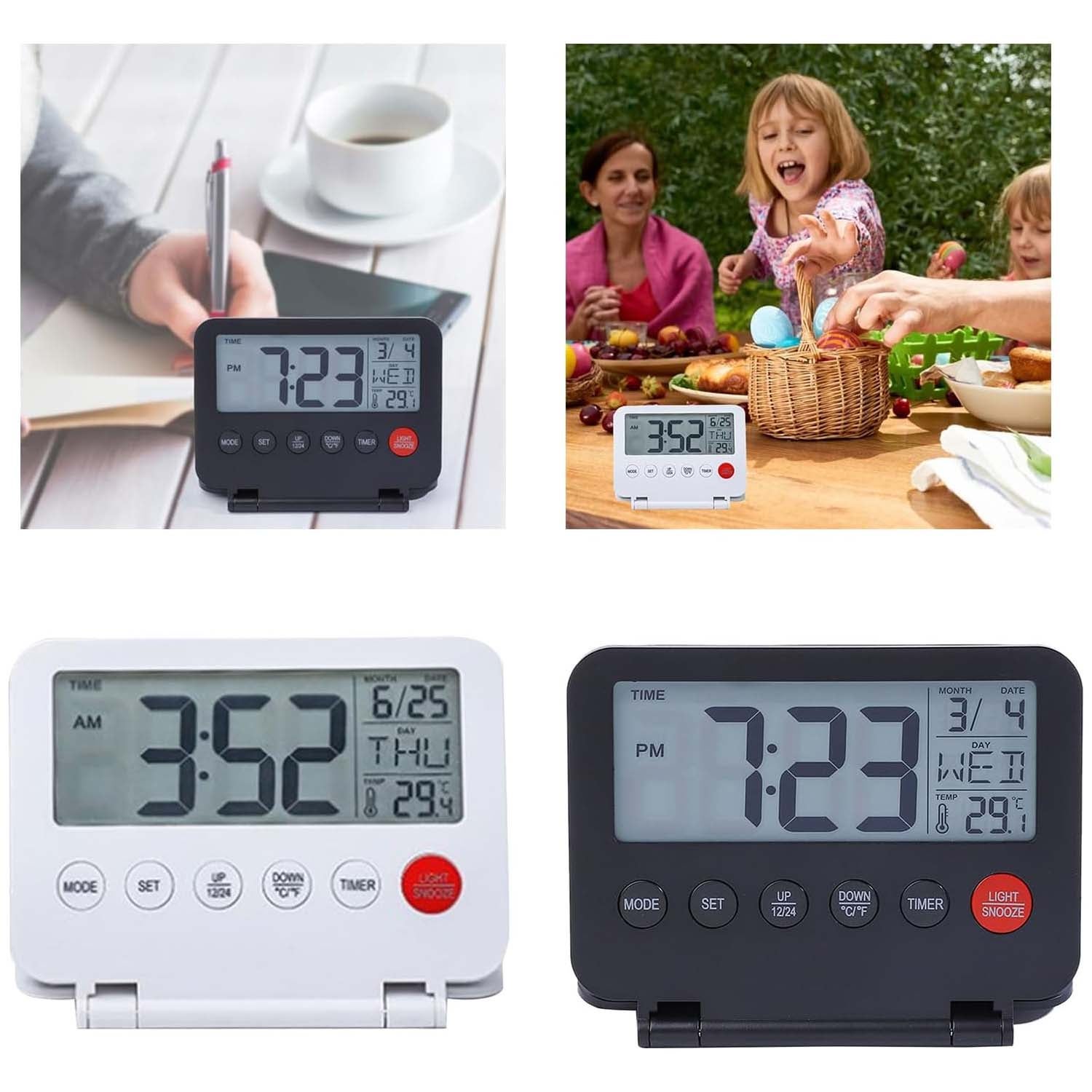 Zestaw 2 składanych zegarków cyfrowych do kuchni, ekran LCD podświetlany, temperatura i data, funkcja drzemki, mini biuro, przenośny, czarny+biały