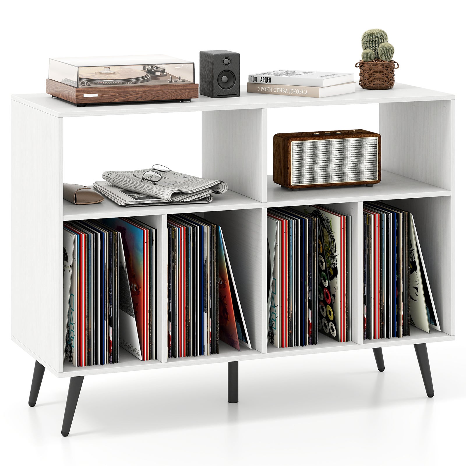 3-poziomowy stolik pomocniczy z półkami do przechowywania, mebel na gramofon, 5 metalowych nóżek, do salonu, pokoju muzycznego, biały