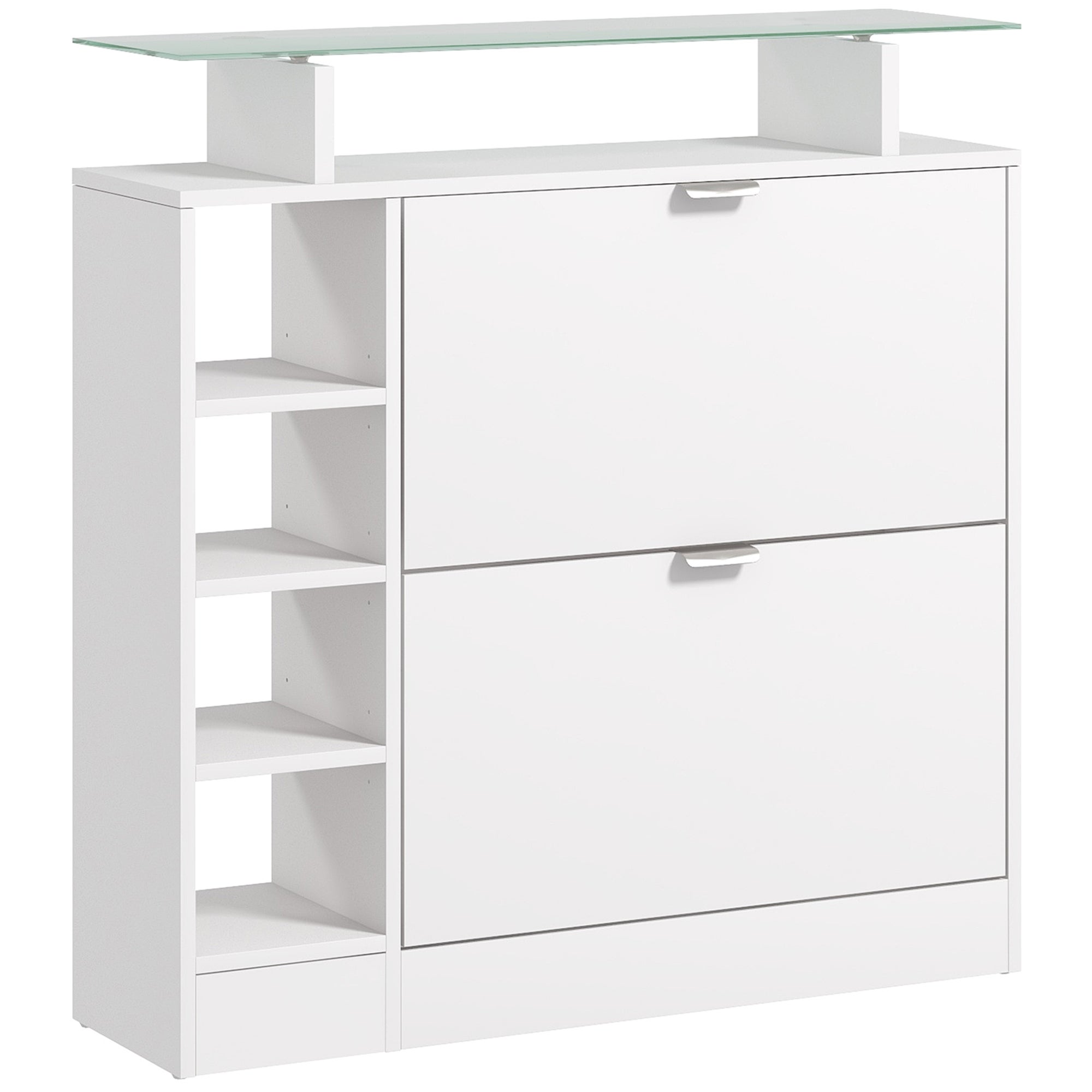 Taboret z uchylne szuflady regul. półki i otwarte półki do 12 par butów 89x25x92 cm biały