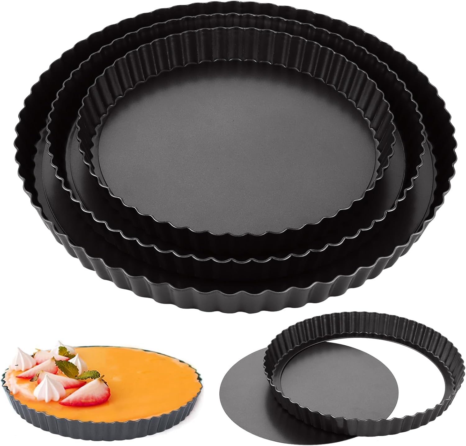 Zestaw 3 form do tarty z wyjmowanym dnem, 22/26/30 cm, forma do tarty z powłoką zapobiegającą przywieraniu, okrągła forma do quiche, forma do tarty