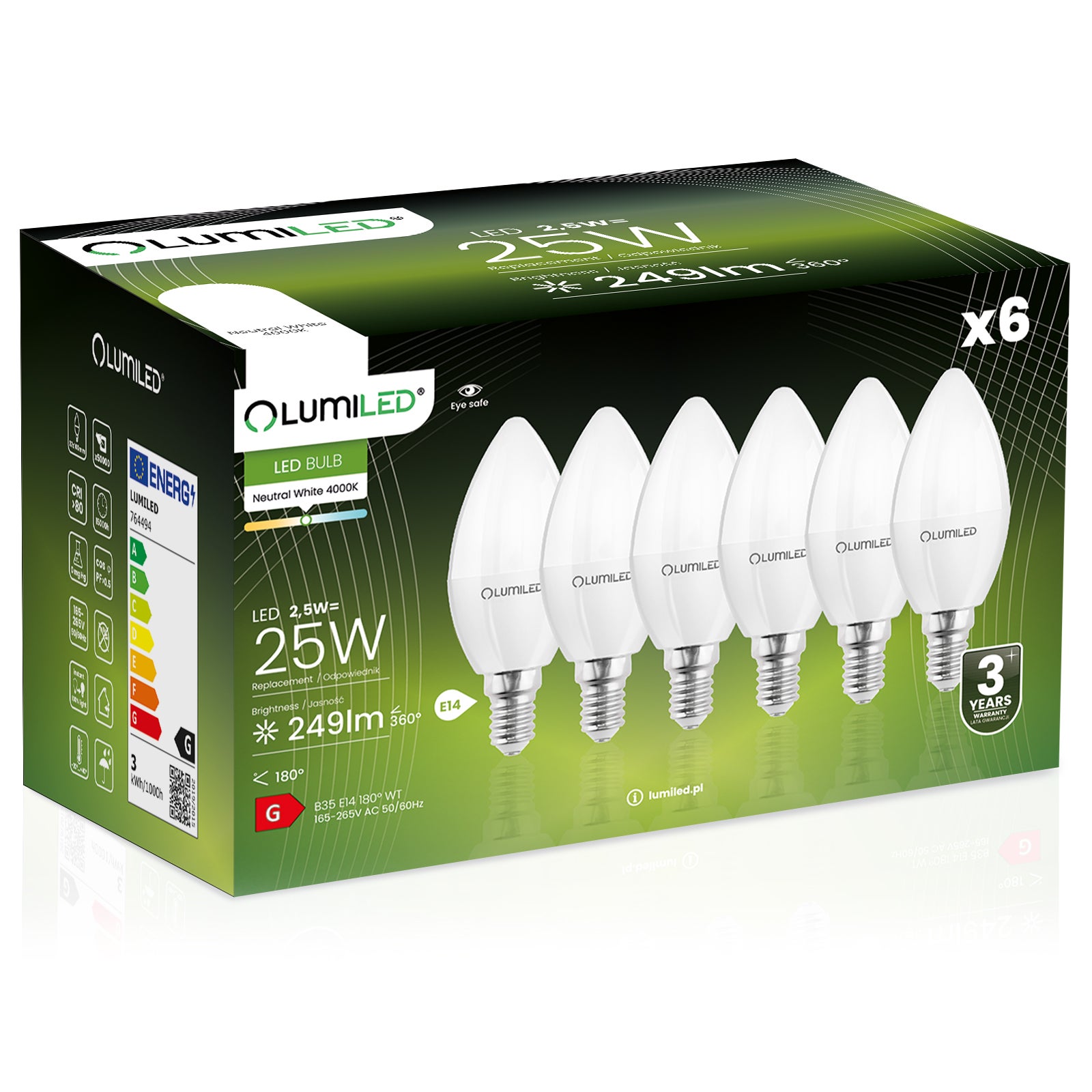 6x Żarówka Lumiled LED E14 Świeczka B35 2,5W = 25W 249lm 4000K Neutralna 180st