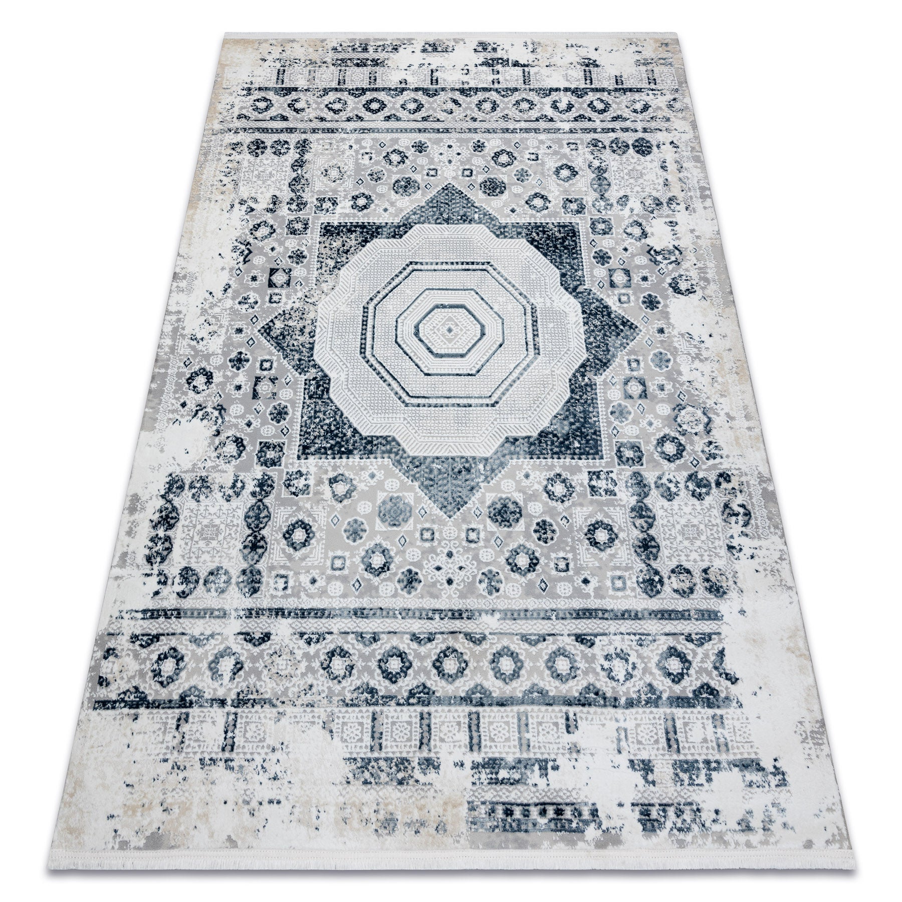Dywan DUKE 51542 krem / niebieski - Rozeta vintage, strukturalny, bardzo miękki, frędzle 200x290 cm