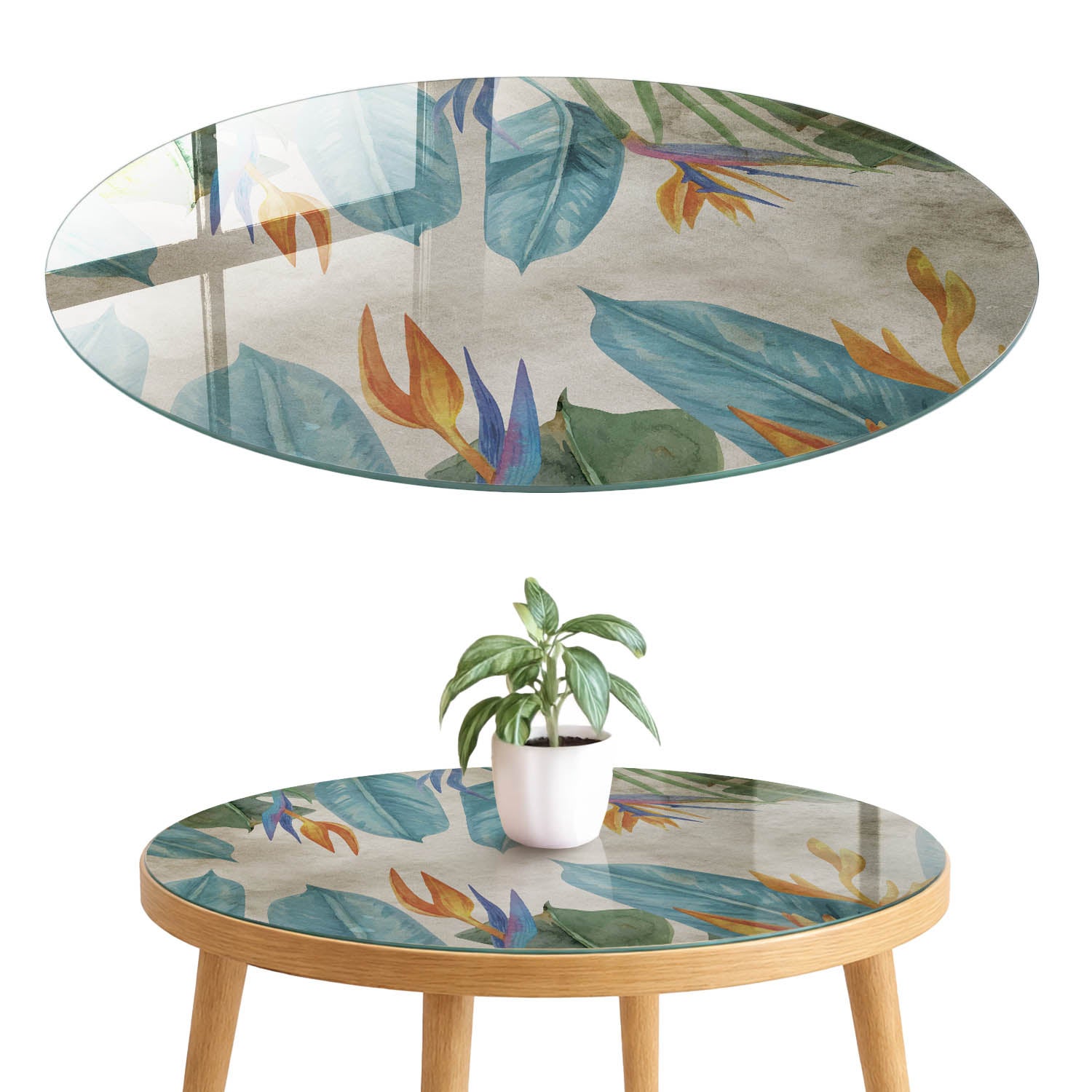Dekoracyjny blat szklany 4 mm z printem - na stół, szafkę, komodę i stolik fi50 cm Tropikalna flora