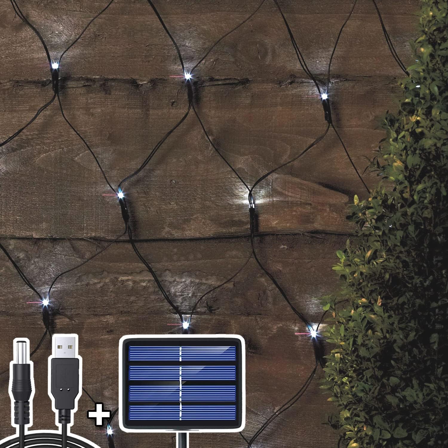 (Chłodna biel) Lampa solarna LED z siatki, 3M * 2M, lampa solarna z siatki/zasilana przez USB, ładowalna, oświetlenie ogrodzenia balkonowego z siatki