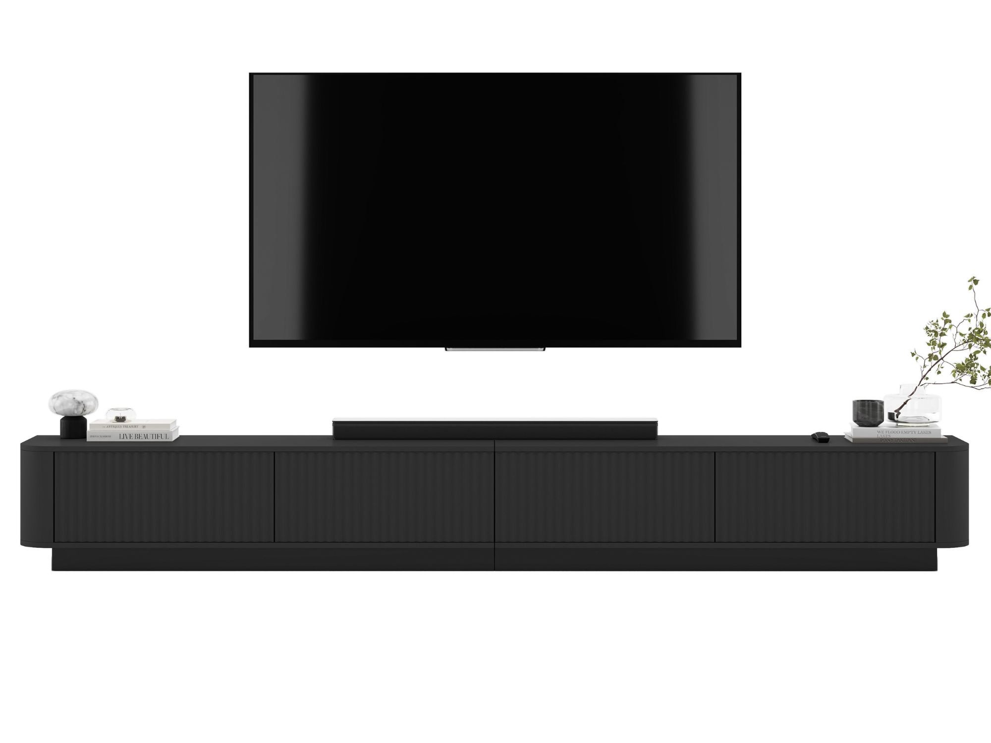 Uniwersalna szafka RTV Glamour 280 cm czarny mat, ryflowane fronty, komoda RTV do salonu