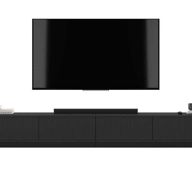 Uniwersalna szafka RTV Glamour 280 cm czarny mat, ryflowane fronty, komoda RTV do salonu