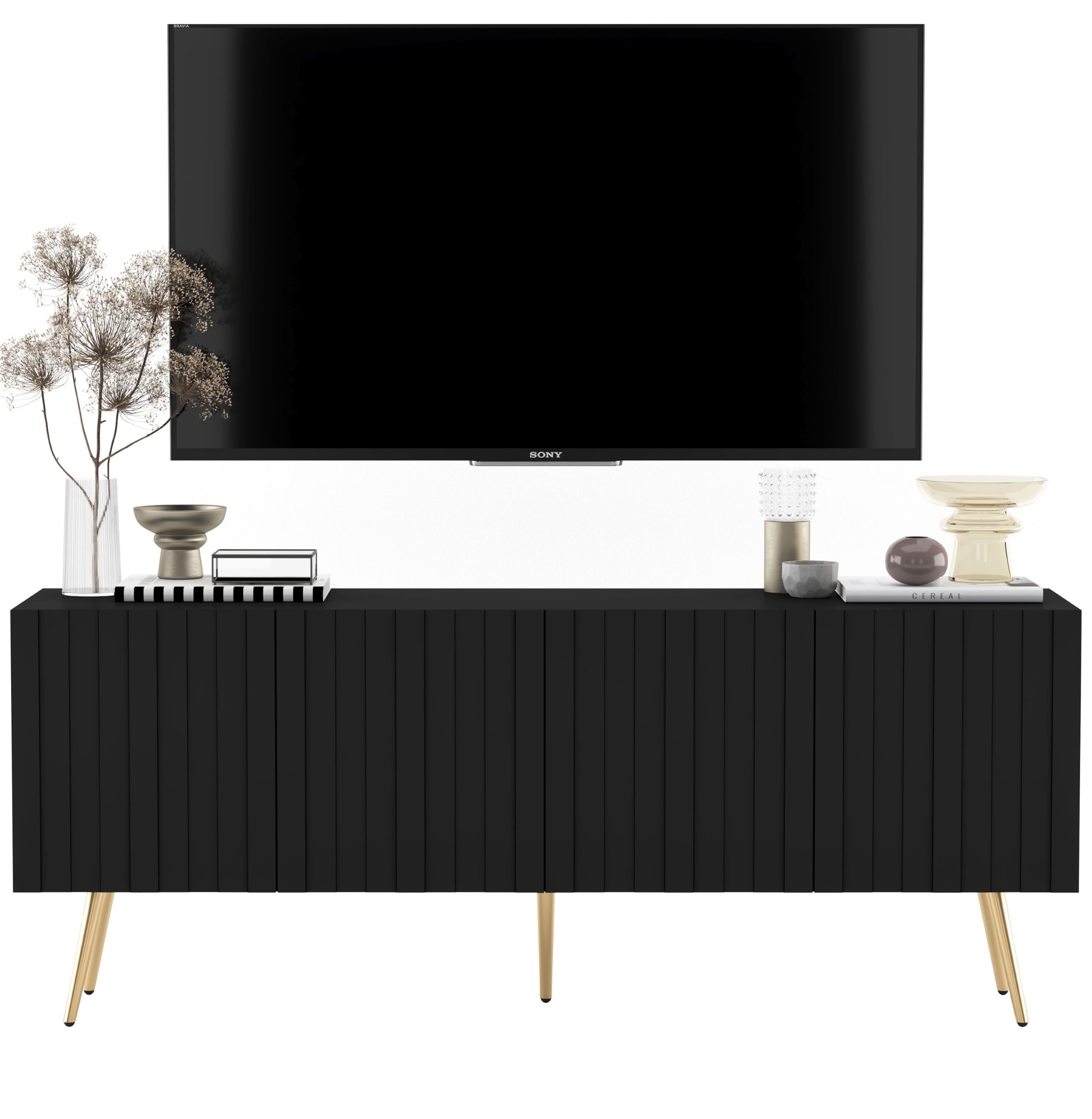 Szafka RTV Loft 150 cm czarny mat, nowoczesna komoda pod telewizor z metalowymi nogami