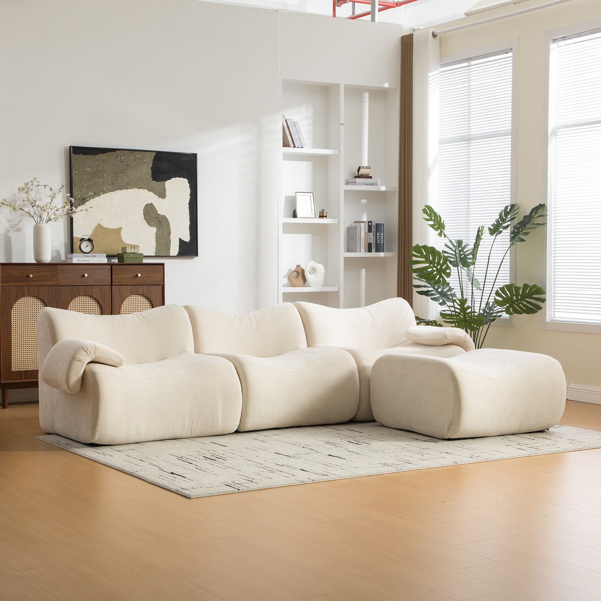 Modułowa sofa kompresyjna wykonana z tkaniny szenilowej wypełniona pianką wysokoelastyczną 30D. Łatwy do przenoszenia i z antypoślizgową podstawą