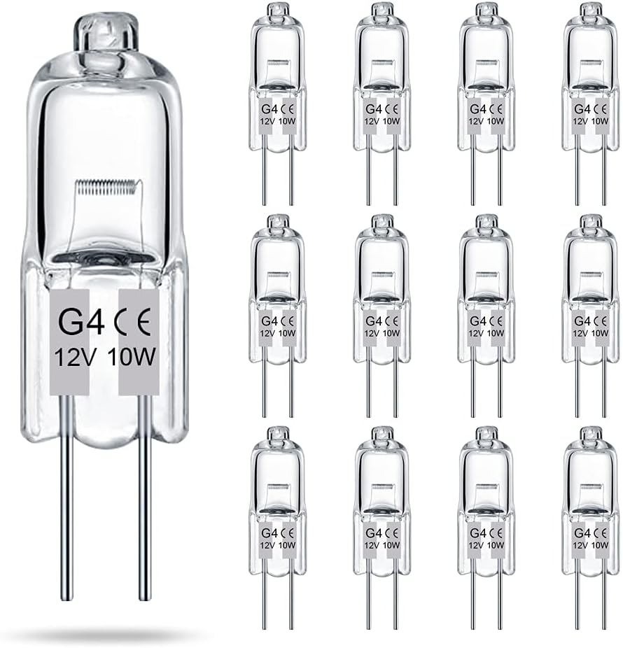 Żarówki G4, zestaw 14 sztuk, 2-bolcowe, 12V, 10W, żarówki halogenowe, typ T3 JC, ciepłe białe światło 2700K.