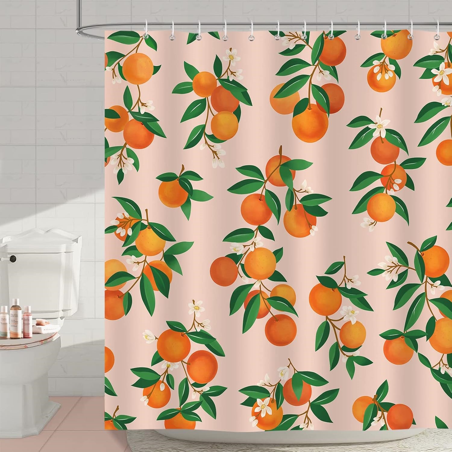 Zasłona prysznicowa Orange Citrus Green Leaves Zasłony prysznicowe 210 x 180 cm Zasłona do łazienki z 12 haczykami