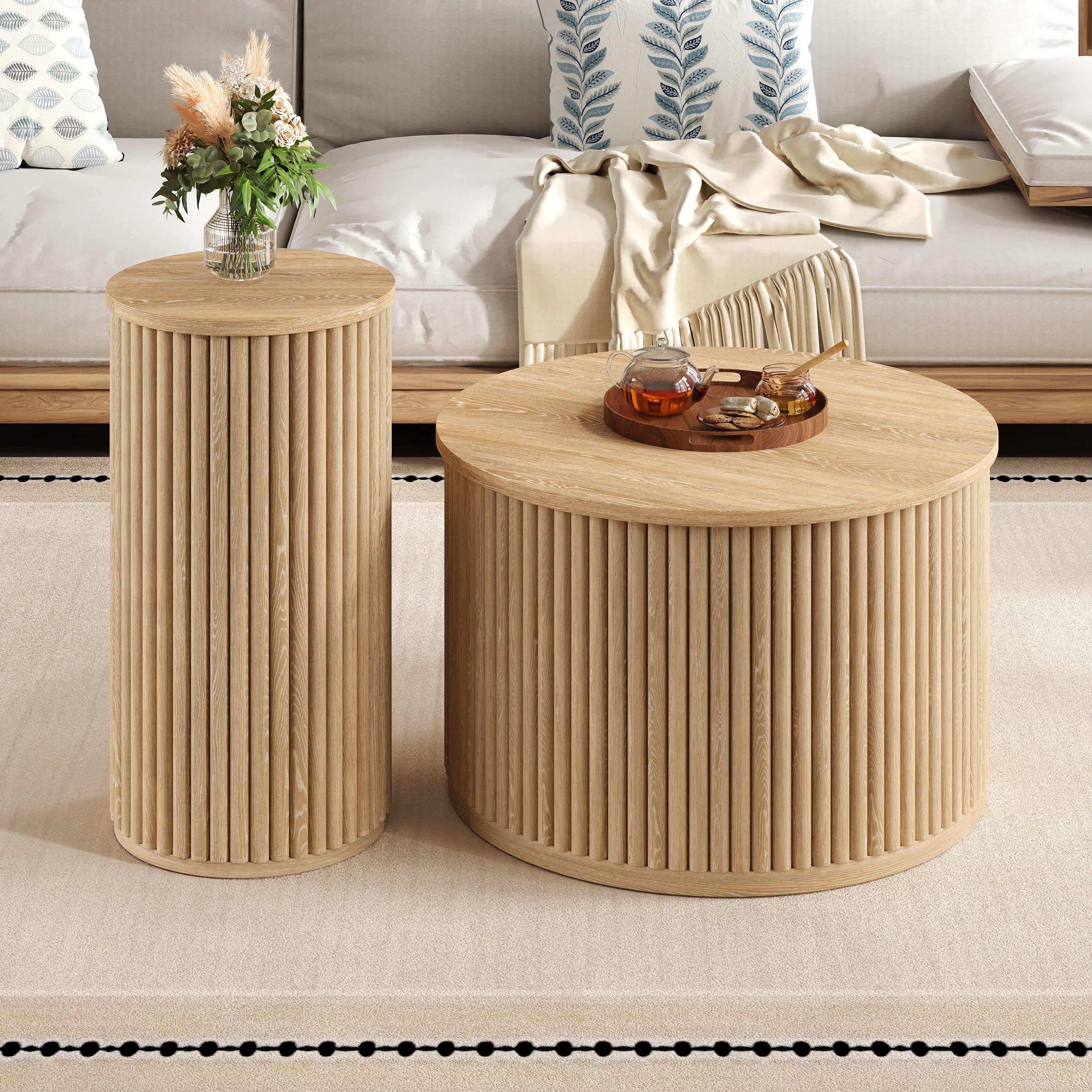 Zestaw 2 okrągłych stolików kawowych i pomocniczych - śr. 60 x wys. 38,5 cm + śr. 30 x wys. 56 cm - Falisty wzór frontu - MDF - Naturalny