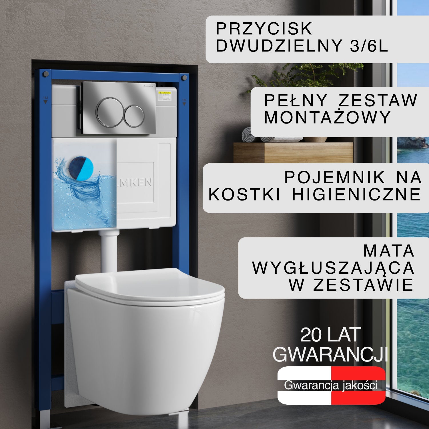 Stelaż podtynkowy WC Helmken 35490101 Zestaw 6w1: Przycisk Chrom (E), Miska bezkołnierzowa Rimless, Deska wolnoopadająca, Pojemnik na kostki, Mata