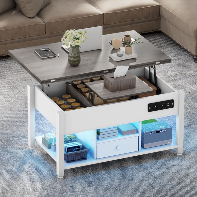 YITAHOME – stolik kawowy z podnoszonym blatem – oświetlenie LED – 1 szuflada – 90 x 48 x 48 cm – biały + szary