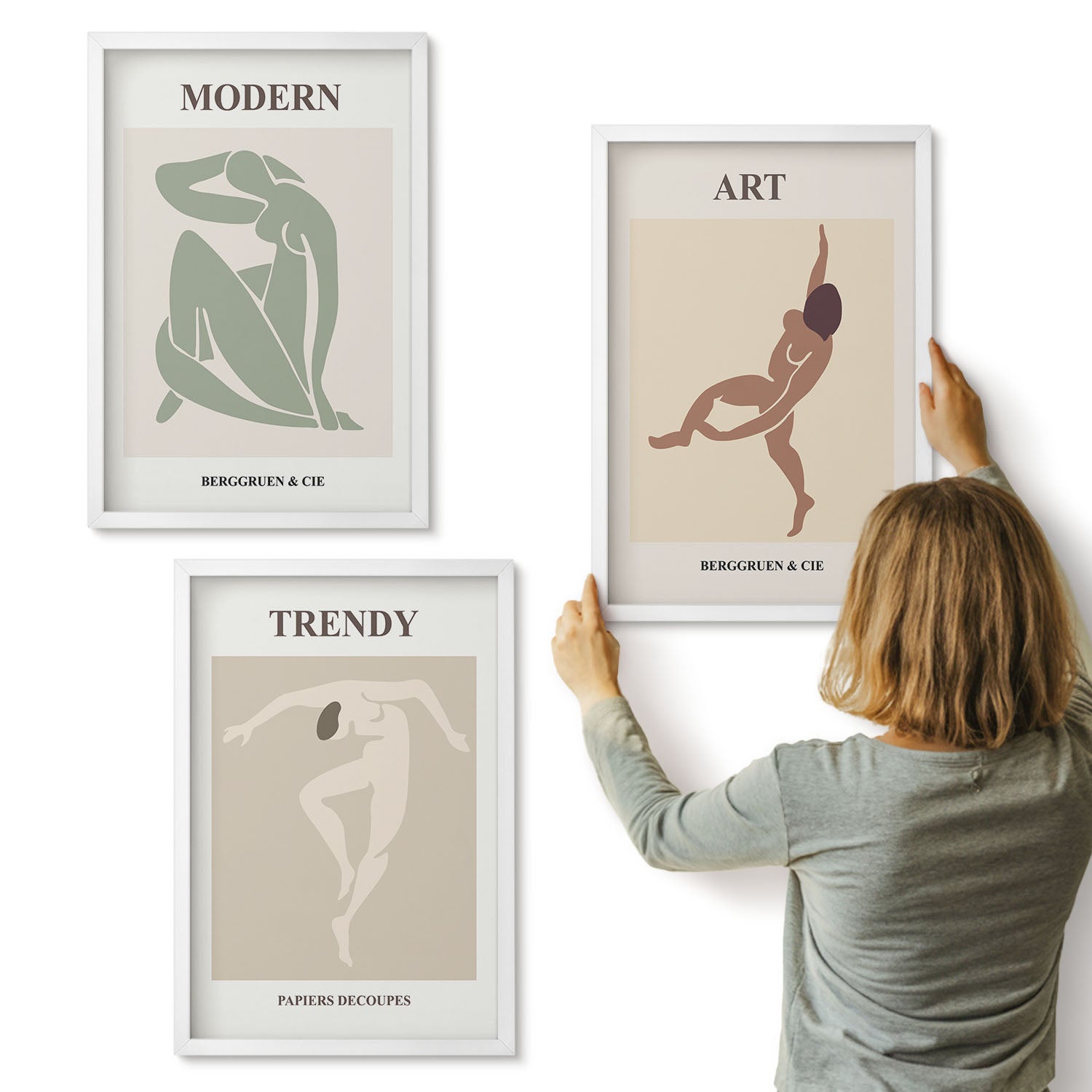 Galeria ścienna 3-częściowy komplet obrazów w białych ramach - Stylowe postacie w minimalistycznych odcieniach - ArtPrintCave