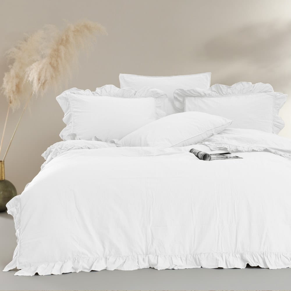 Pościel bawełniana z falbanką 220x200 Stonewashed Exclusive, Optic White, biała - Limasso