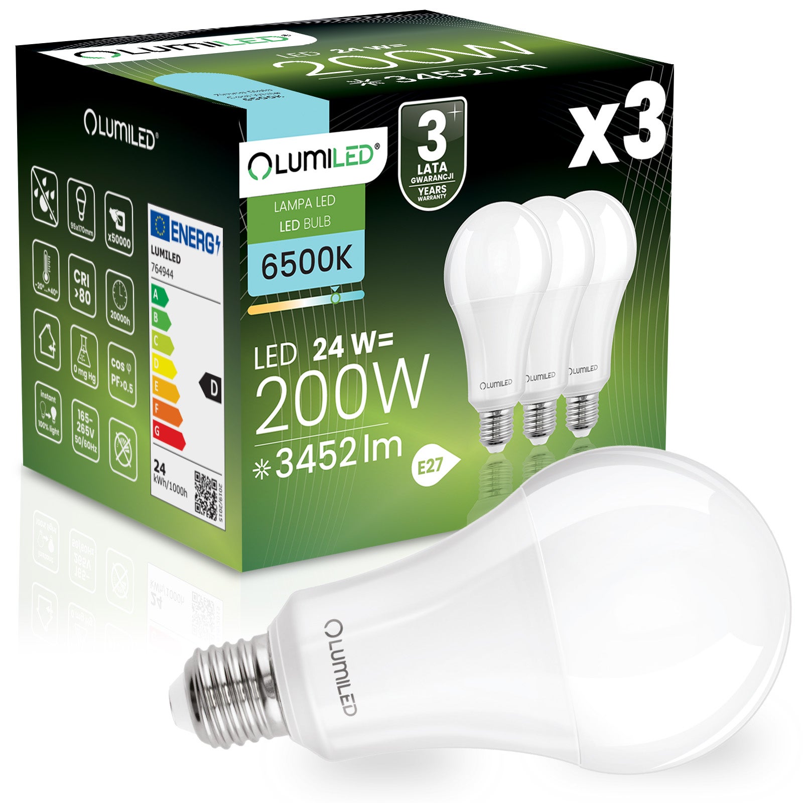 Żarówka LED Lumiled E27 A60 24W 3452lm 6500K Zimna biel 260st 3 szt.
