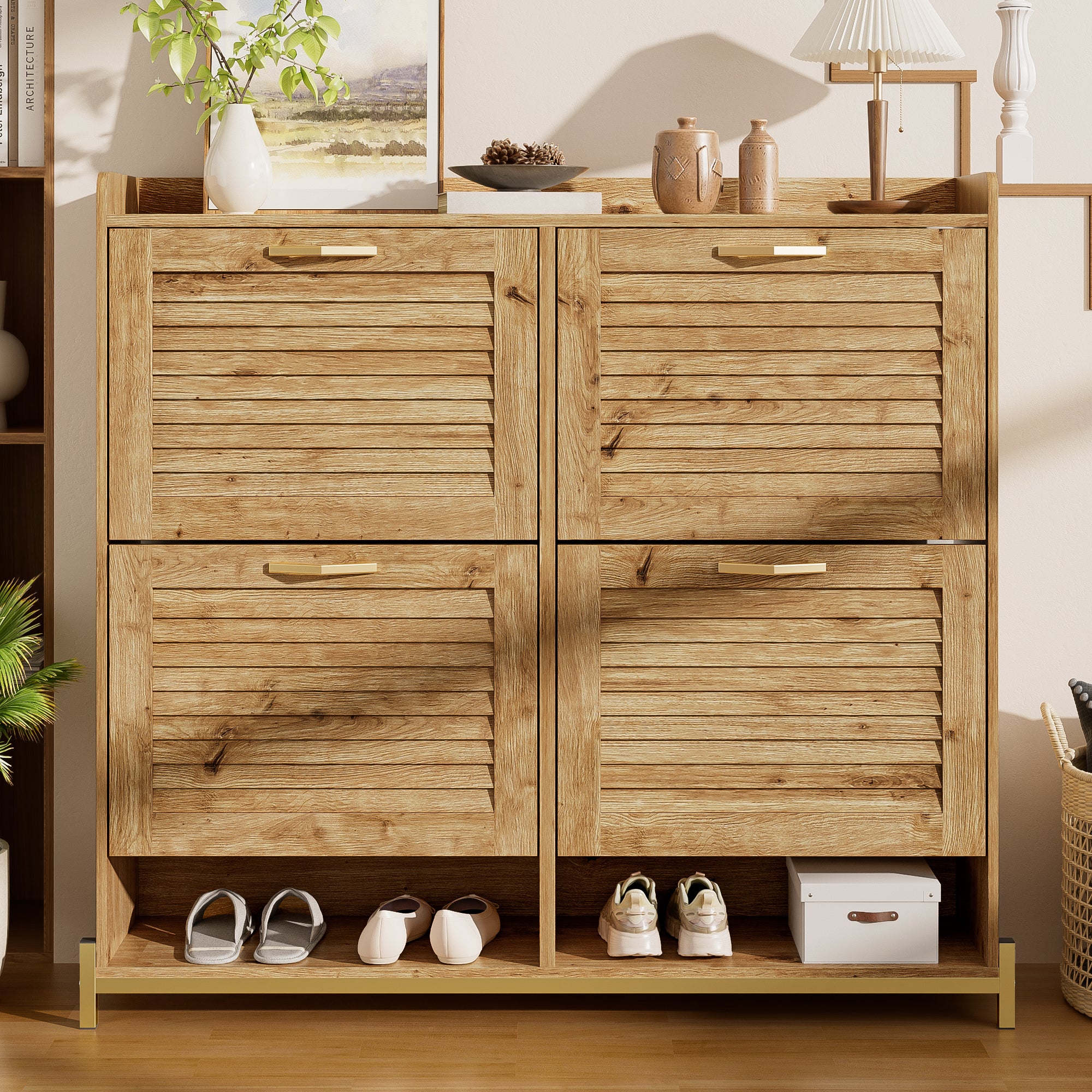 Szafa na buty 108.5x24x100 cm - z 4 frontami - Konstrukcja metalowa - Górna półka - MDF - Kolor naturalny