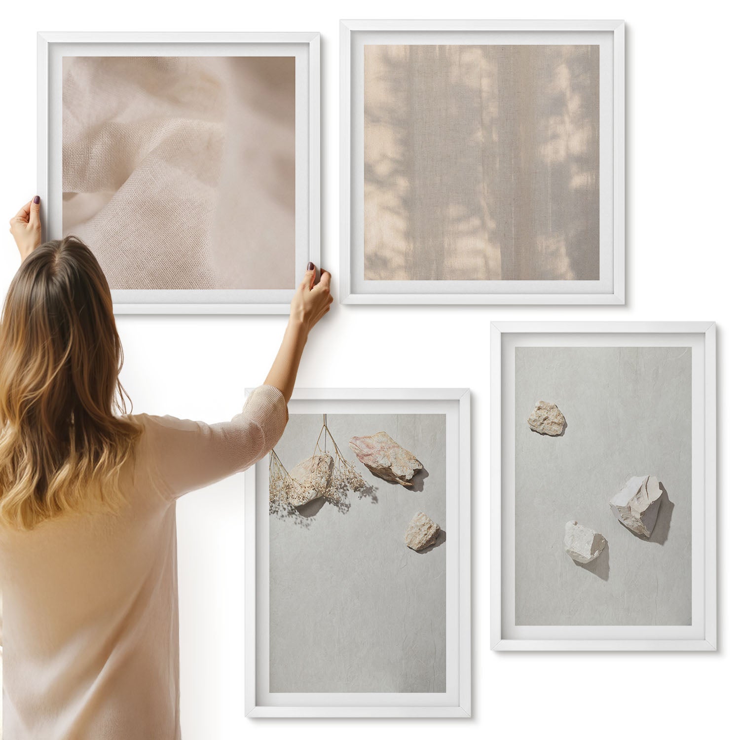 Galeria ścienna 4-częściowy komplet obrazów w białych ramach - Boho kamienie na plaży mminimalistyczne dekoracje - ArtPrintCave