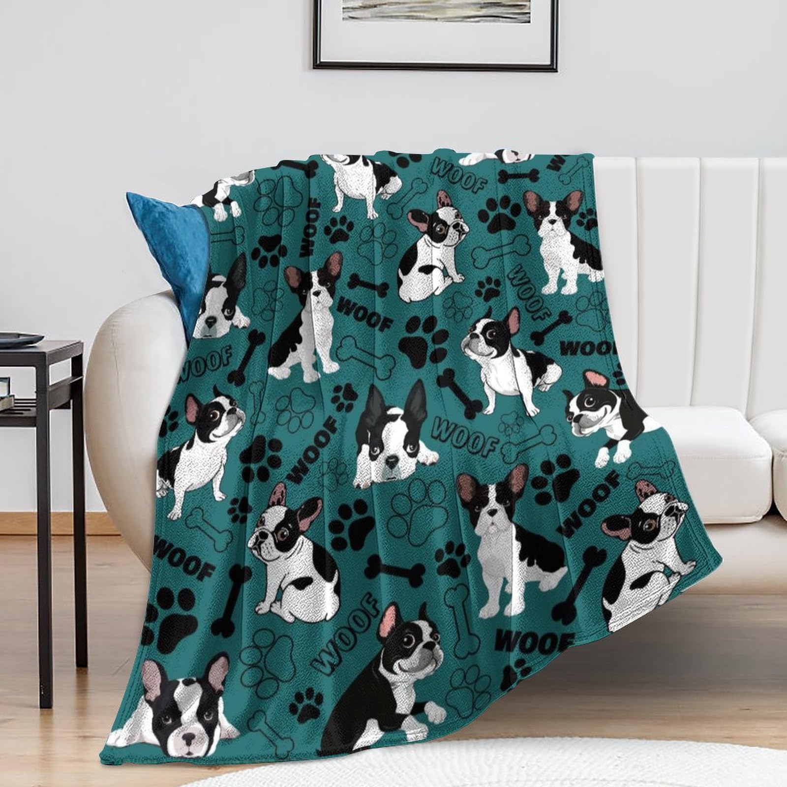 Miękki flanelowy koc z wzorem boston terrier w kolorze zielonym, 130x100 cm