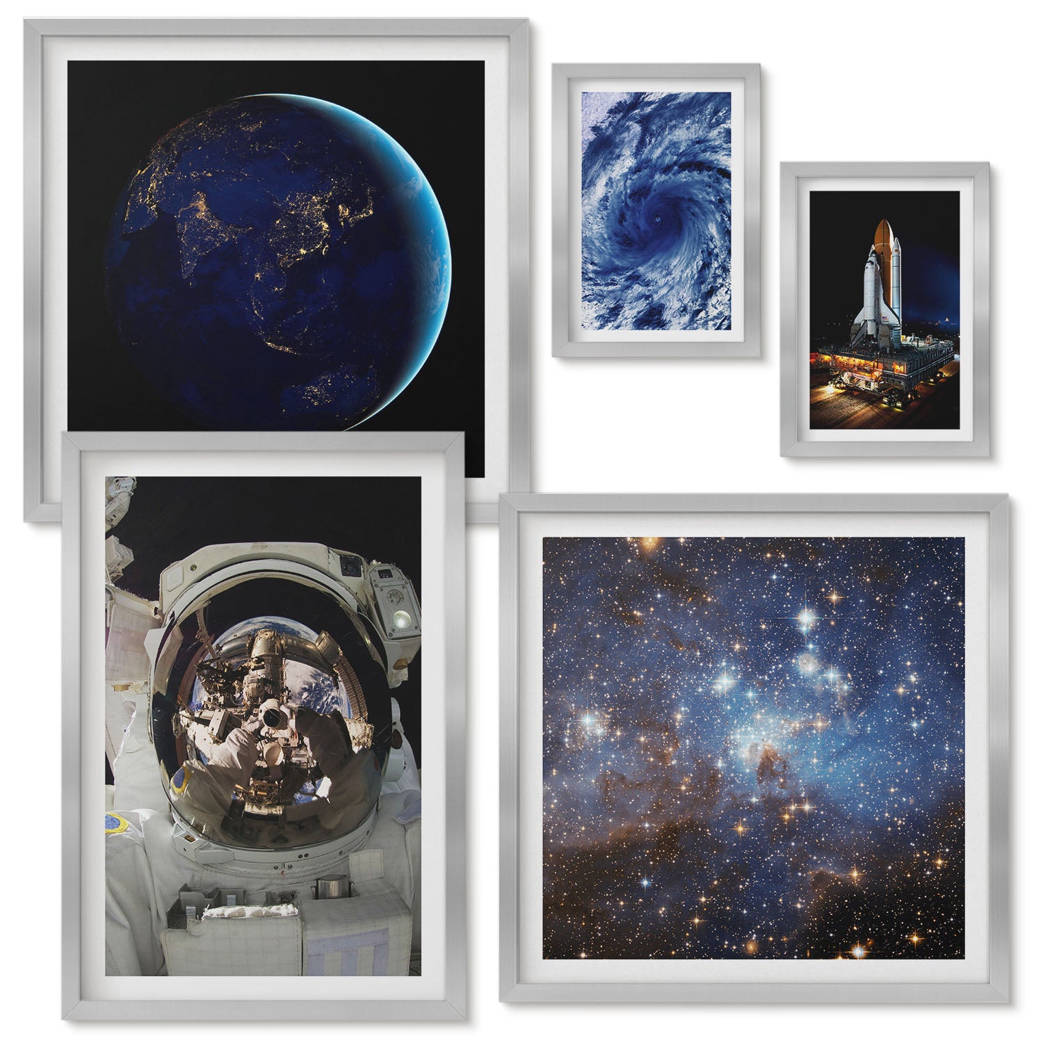 Zestaw obrazów w ramie - 5 części | Kosmiczne odkrycia widoki na wszechświat i astronautów | Srebrna ramka