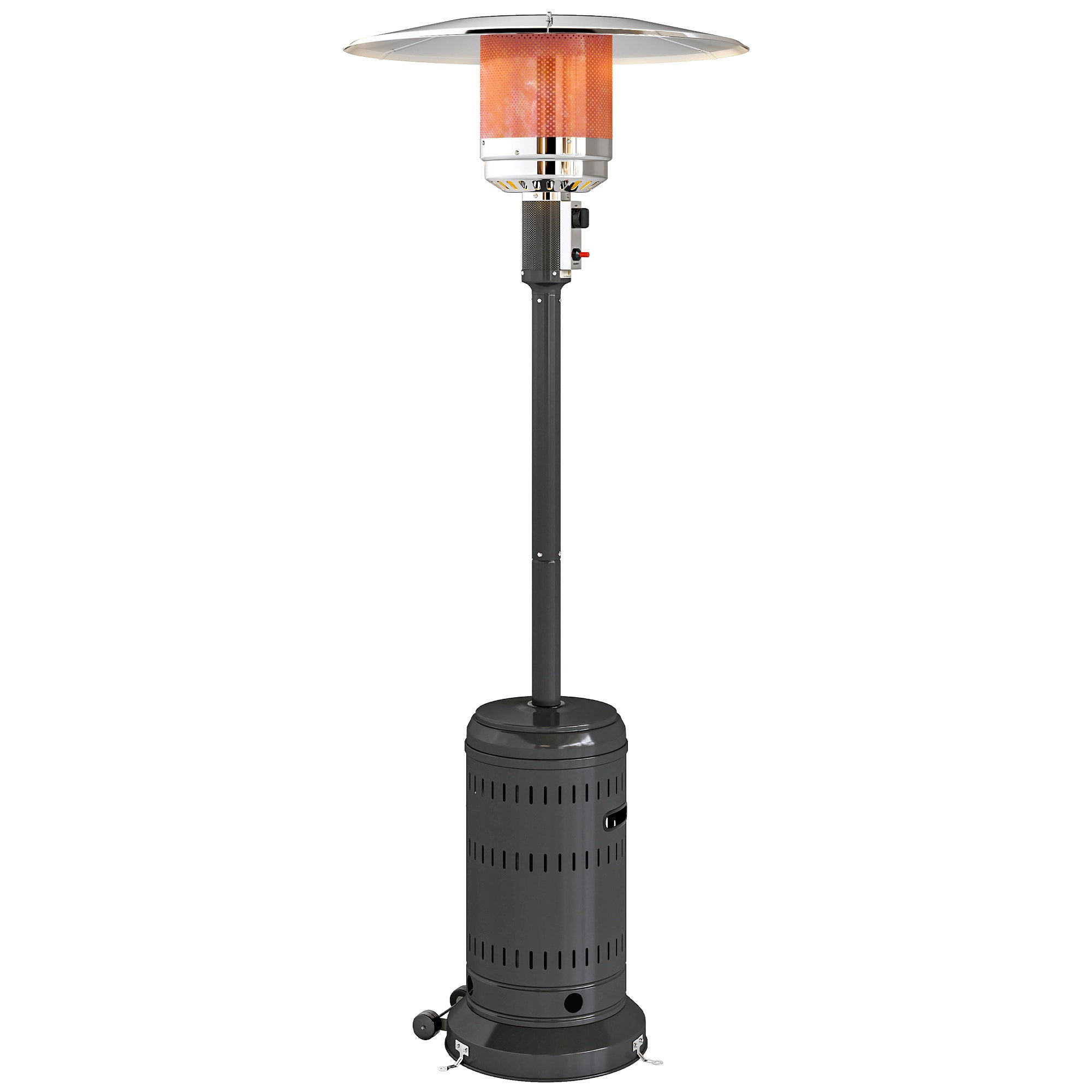 Zewnętrzny grzejnik tarasowy, przenośny parasol grzewczy gazowy 11 KW regulowany ustawienia grzania 82 x 82 x 223 cm czarny