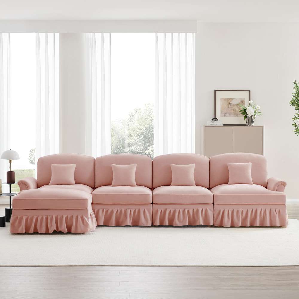 Modułowa sofa welurowa w kształcie litery L, 4-osobowa, z wyjmowanym siedziskiem i ruchomym podnóżkiem, wygodna do salonu