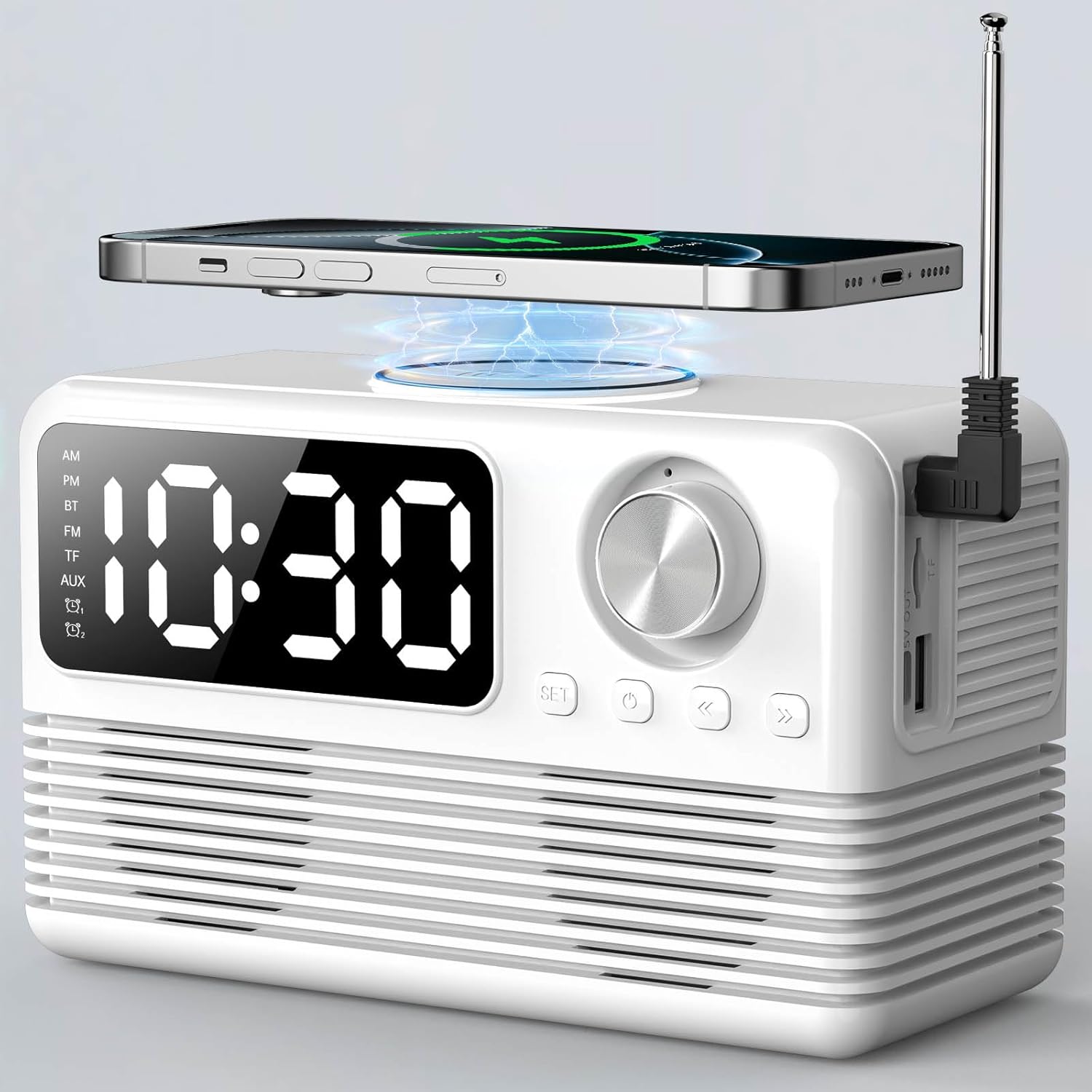 Szybka ładowarka bezprzewodowa 15 W z głośnikiem Bluetooth i radiem z budzikiem, stacja ładująca bezprzewodowa 4 w 1 z radiem FM