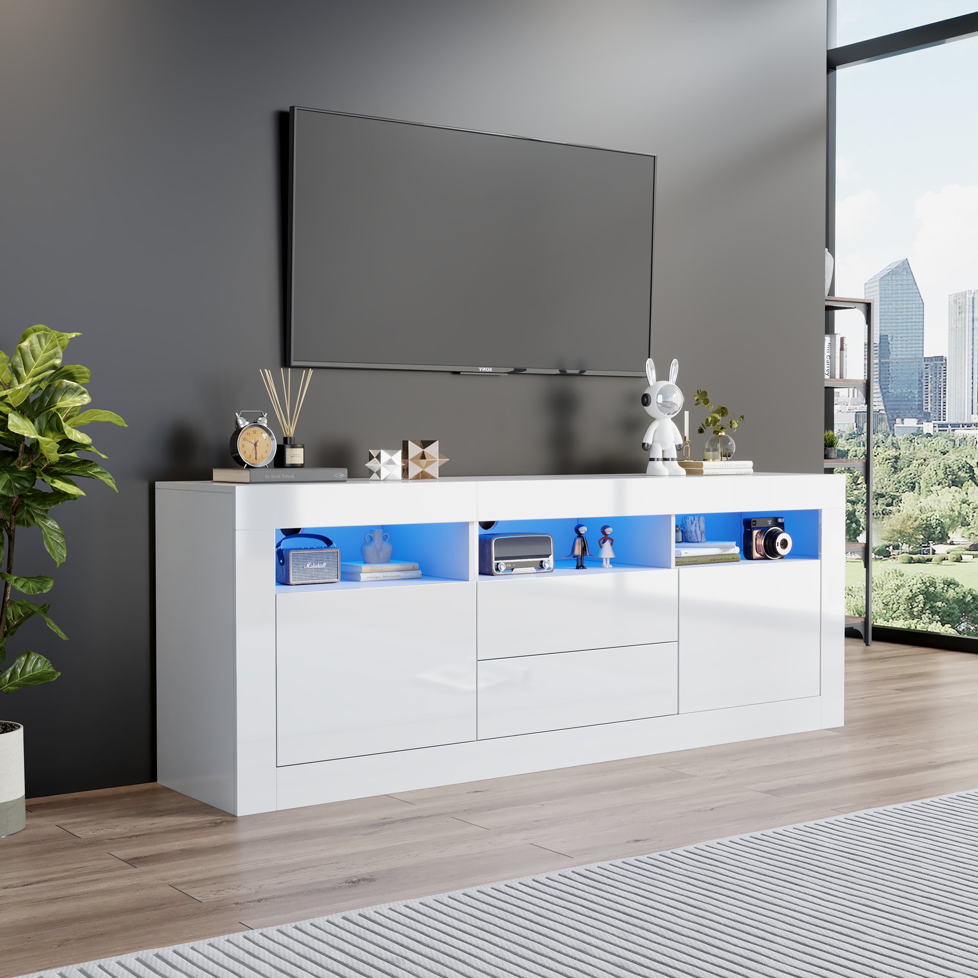 Szafka RTV 160*35*60cm wysoki połysk z oświetleniem LED, 3 otwarte przegródki, 2 drzwi, 2 szuflady, do telewizorów 70 cali