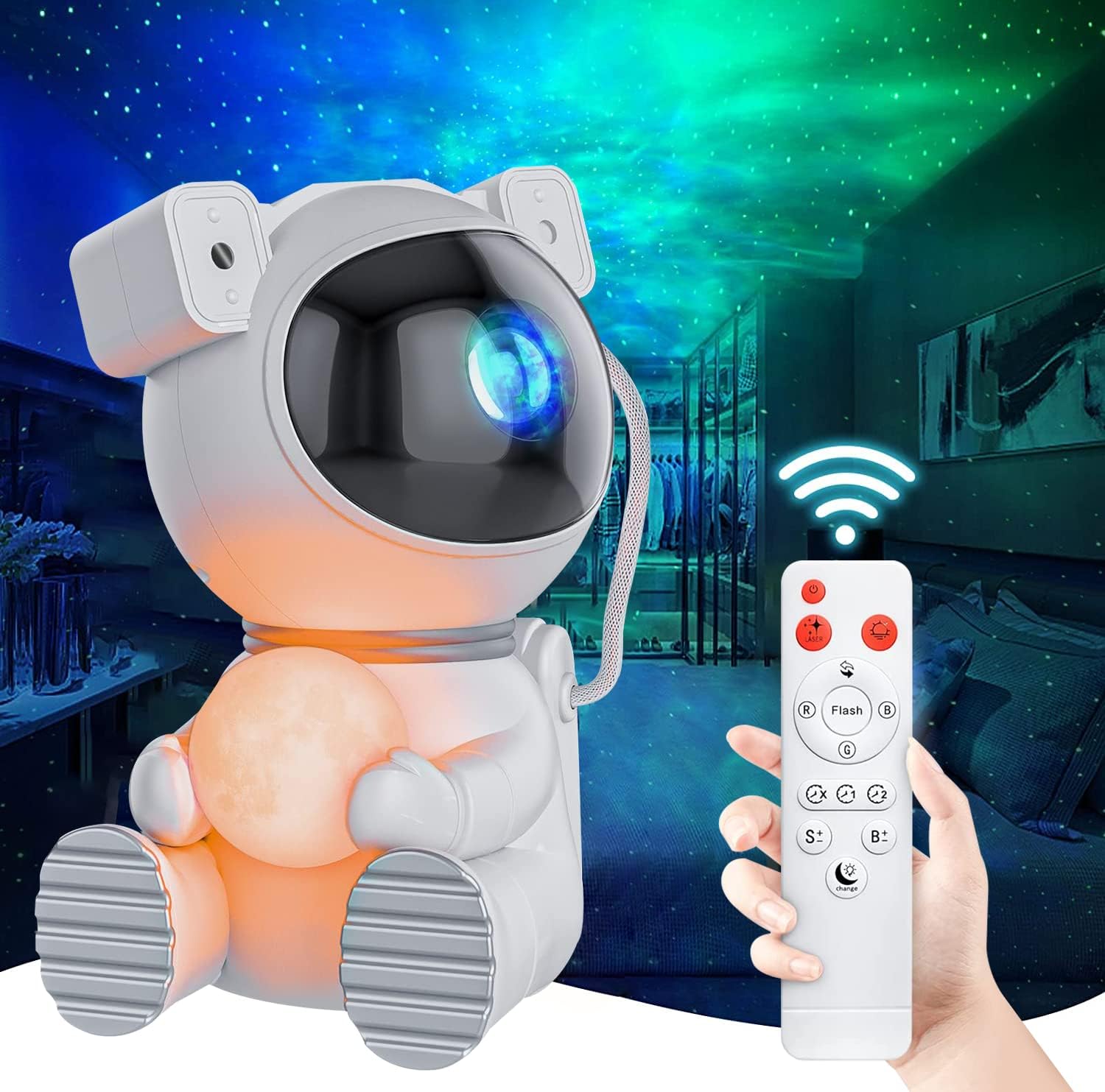 Projektor astronauta - Projektor galaktyk do sypialni, Projektor gwiazd z lampą księżycową, Lampka nocna LED Nebula dla dzieci, Dekoracja