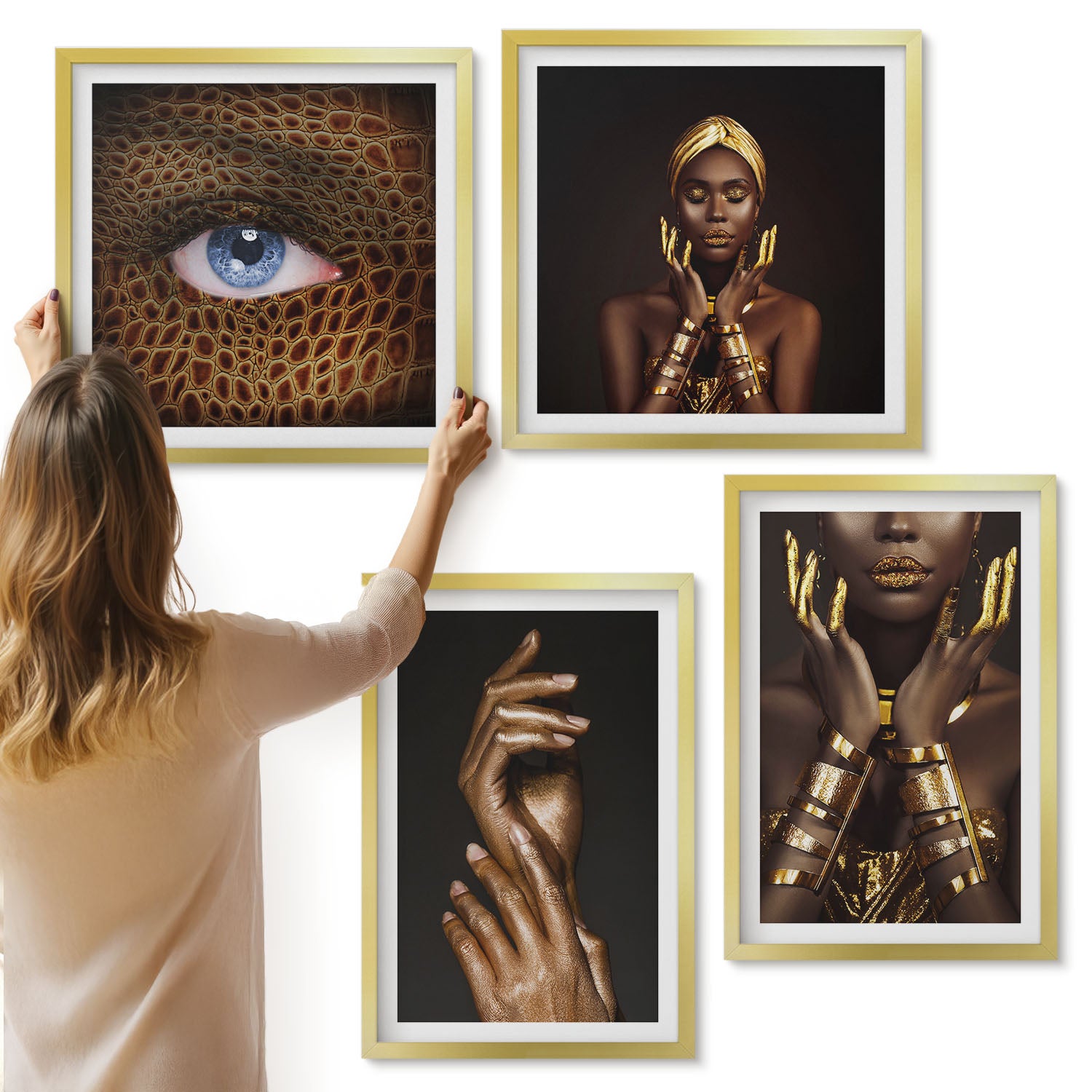 Galeria ścienna 4-częściowy komplet obrazów w złotych ramach - Eleganckie portrety afrykańskiej kobiety - ArtPrintCave
