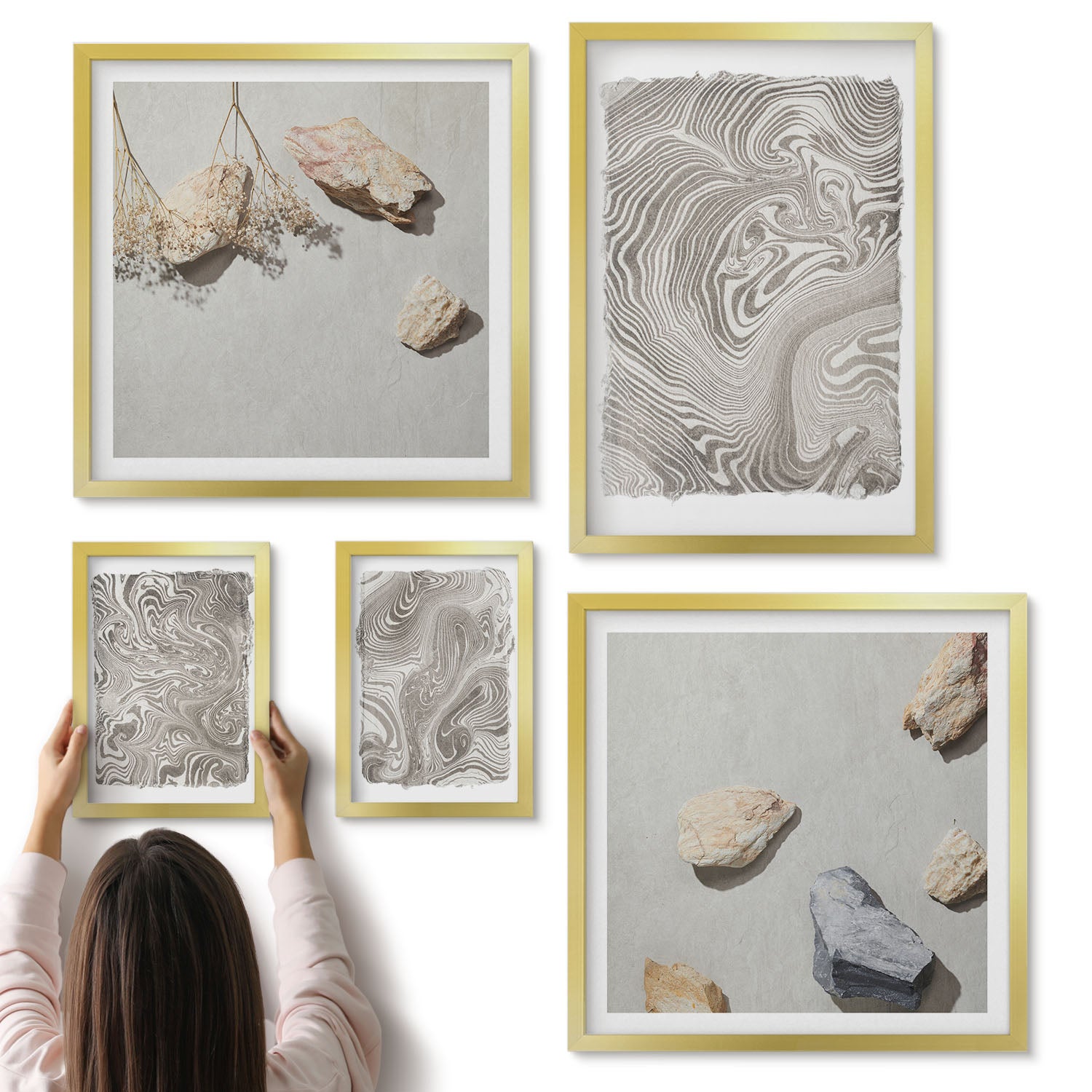 Galeria ścienna 5-częściowy komplet obrazów w złotych ramach - Nowoczesne kształty malarstwo abstrakcyjne - ArtPrintCave