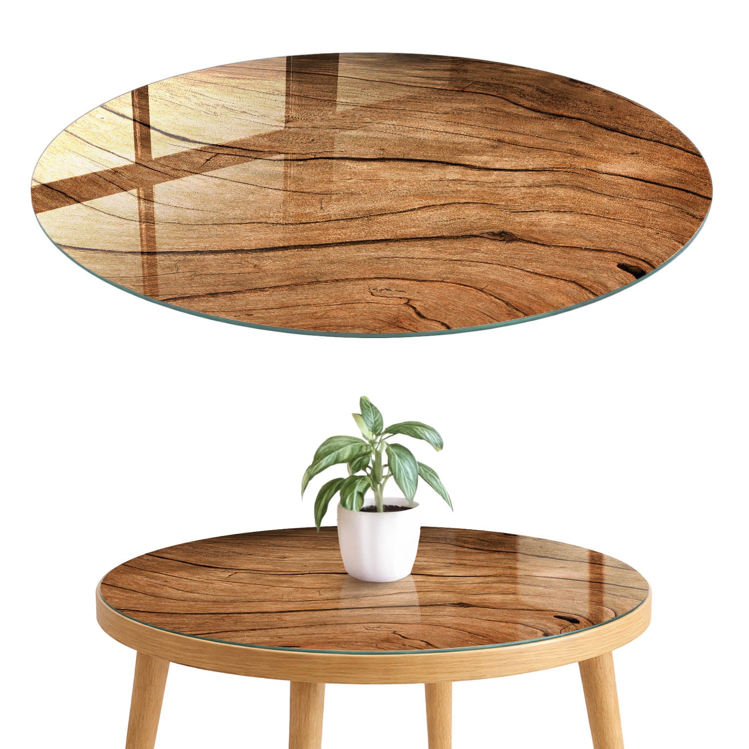 Szklany blat hartowany z wzorem 4 mm - elegancka dekoracja i maskowanie blatu fi80 cm Drewniana tekstura