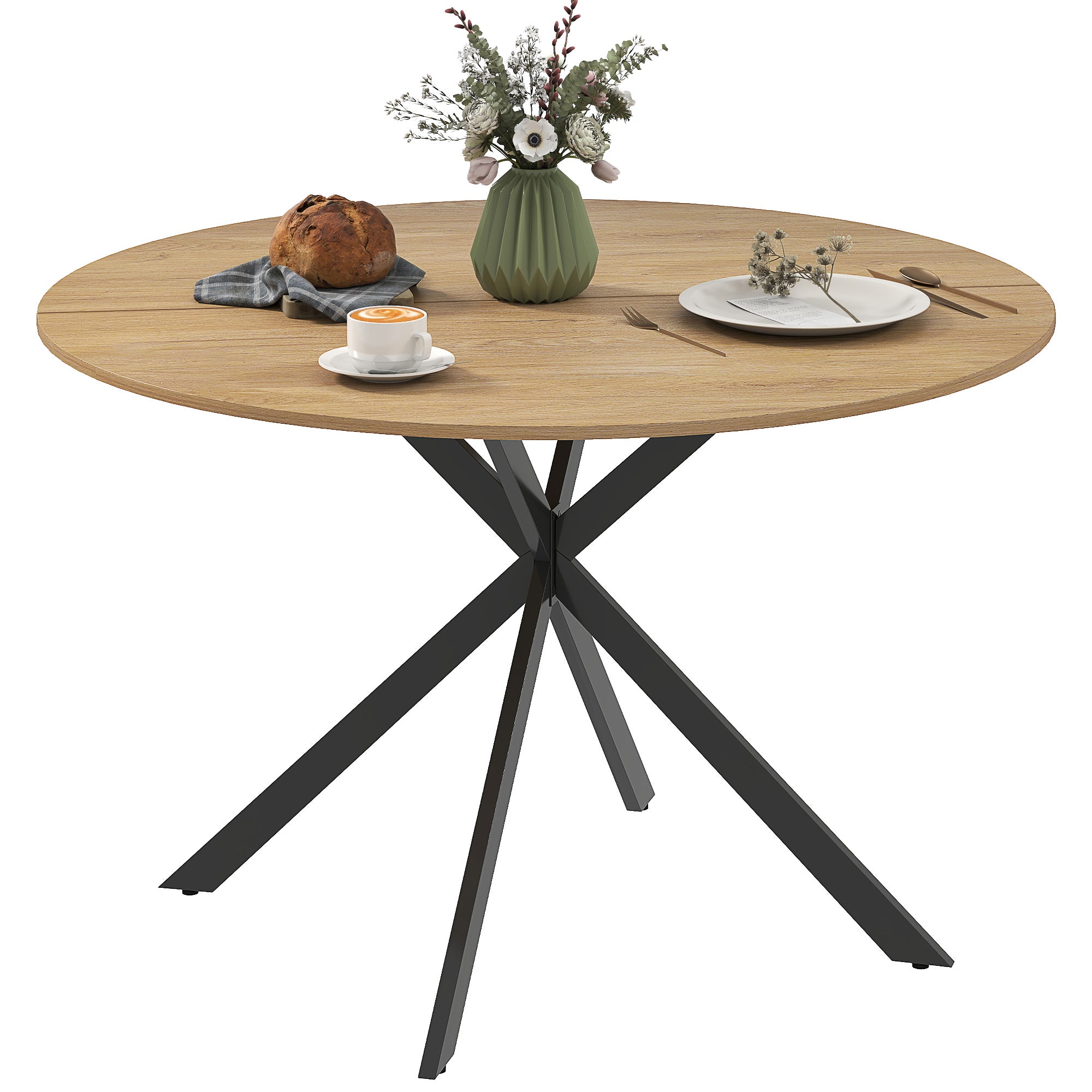 Okrągły 4-seater stół robić jadalni, 120 cm, styl industrialny z efekt drewna blat, cross stal podstawa, dąb