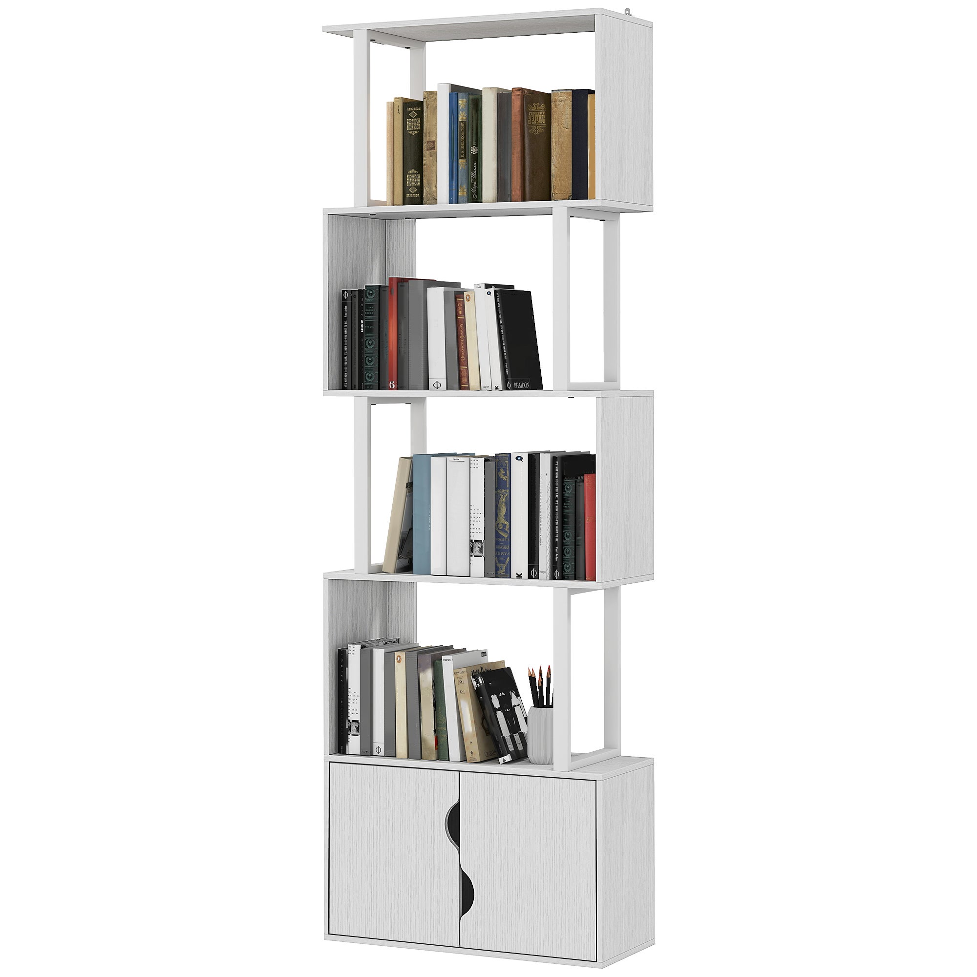 Regał na książki w kształcie litery S, 5-poziomowy, 5 półek i 2 drzwi, do salonu lub biura, 60 x 23,8 x 179,2 cm, biały