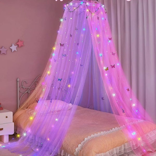Zestaw Baldachimu do Łóżka Dziecięcego 3w1 (LED+ Moskitiera/Narzuta) Wzór Wróżka Gwiazdy/Motyle - Dekoracja Pokoju 850cm-kolor