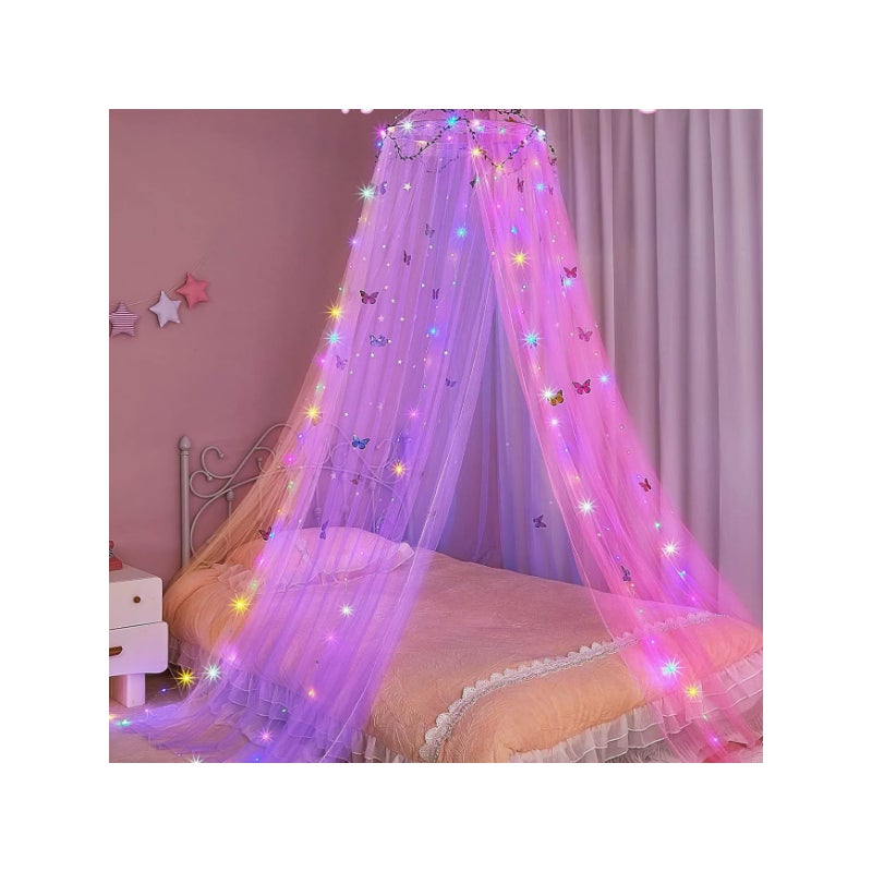 Zestaw Baldachimu do Łóżka Dziecięcego 3w1 (LED+ Moskitiera/Narzuta) Wzór Wróżka Gwiazdy/Motyle - Dekoracja Pokoju 850cm-kolor