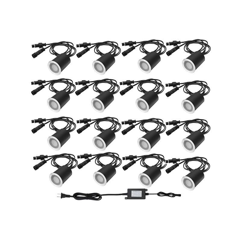Wpuszczane reflektory zewnętrzne, zestaw do oświetlenia głównego tarasu z 16 diodami LED, φ32 mm, wodoszczelność IP67, niskie napięcie 12 V – ciepłe