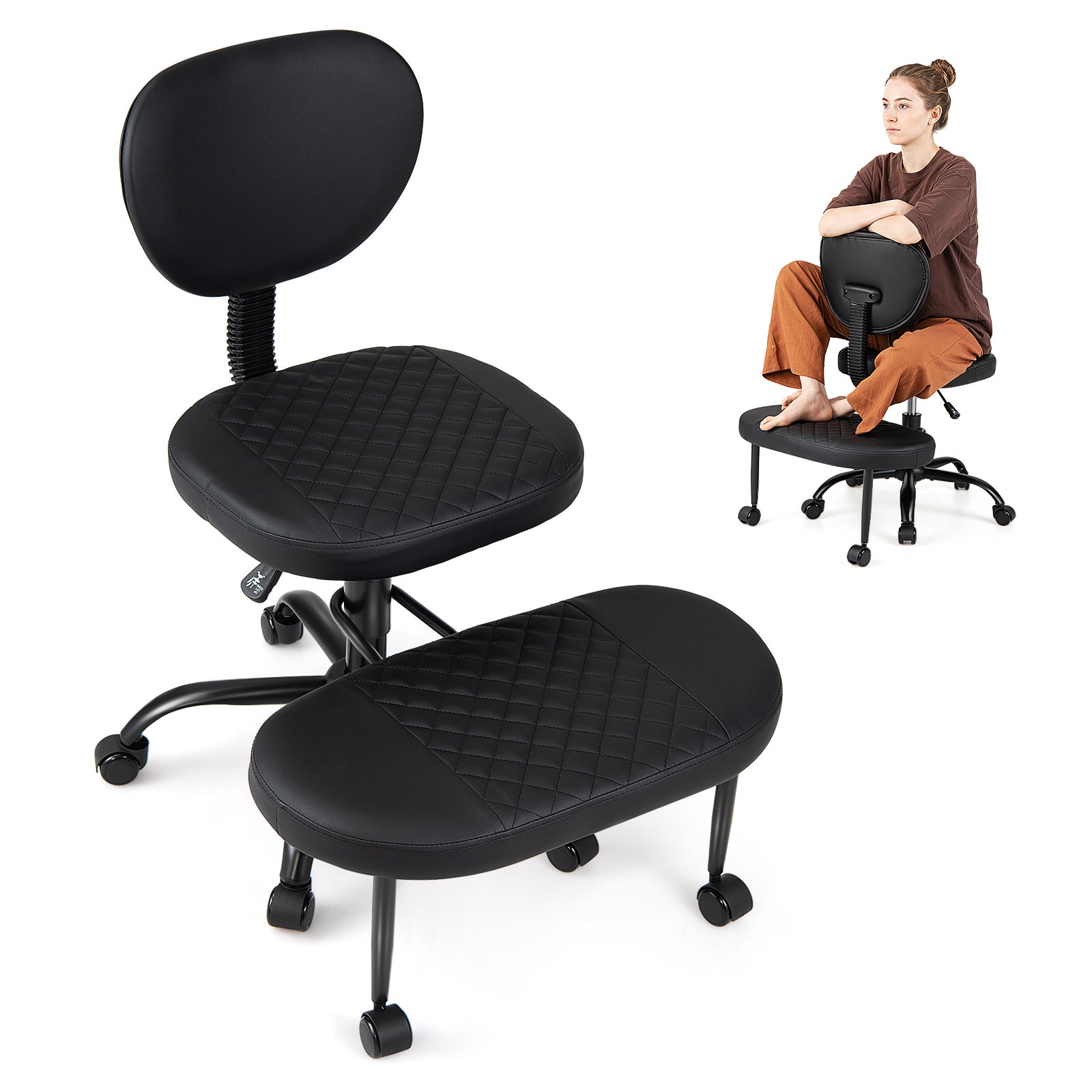 Krzesło krzyżowe z kółkami, ergonomiczne krzesło do medytacji, z regulowaną wysokością, obrotowe o 360°, wielofunkcyjne krzesło klęczące