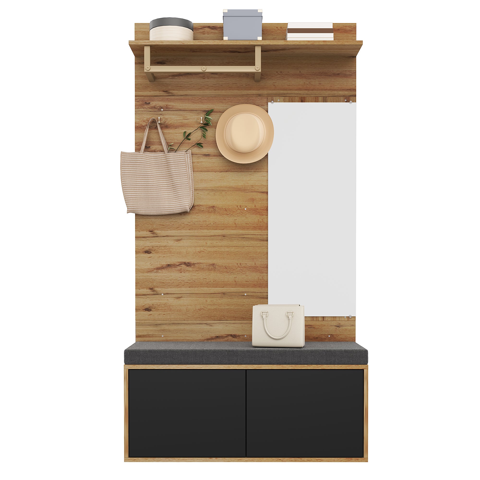 Szafka na buty z lustrem, ławką, poduszką, półką i szafką - 100 x 38 x 190 cm - Płyta wiórowa - Kolor czarny i naturalny