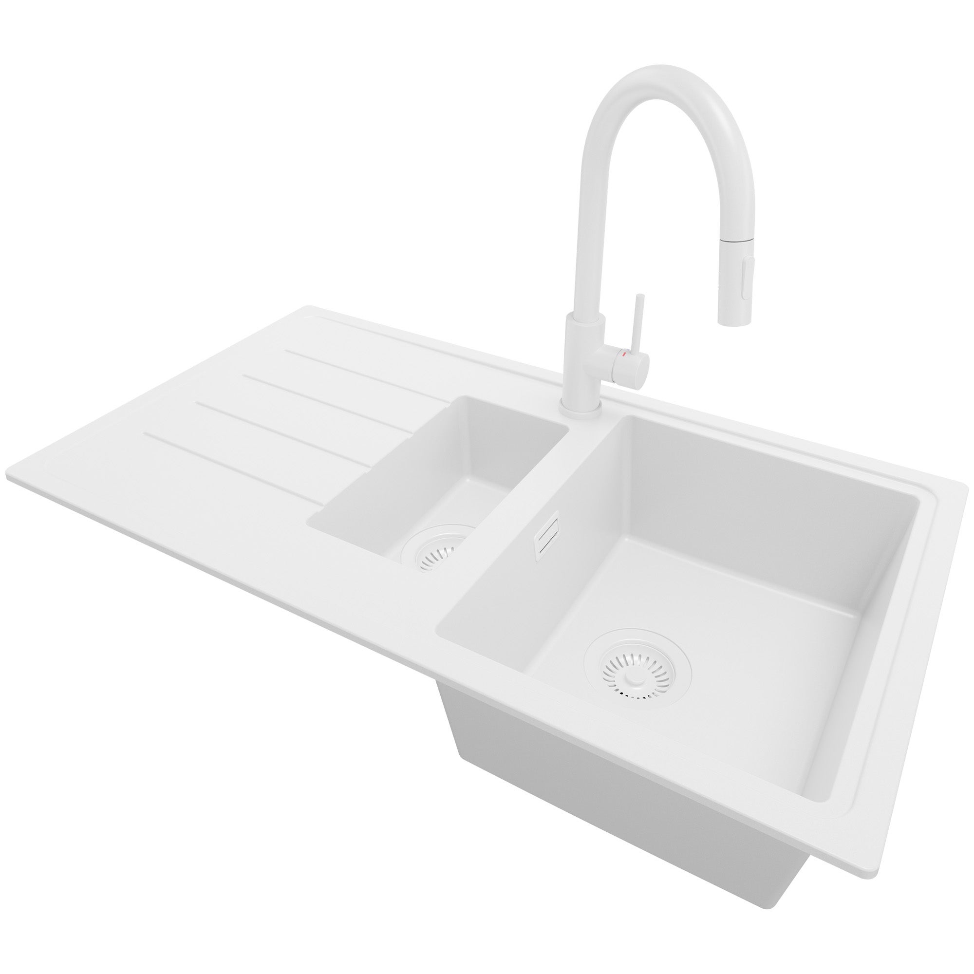 Zlewozmywak Granitowy Cały Biały 90x50cm, Zlew Kuchenny 1,5 Komorowy + Bateria 40x20cm + Syfon, Nablatowy do szafki od 60cm - Kopenhaga Duo PRIMAGRAN
