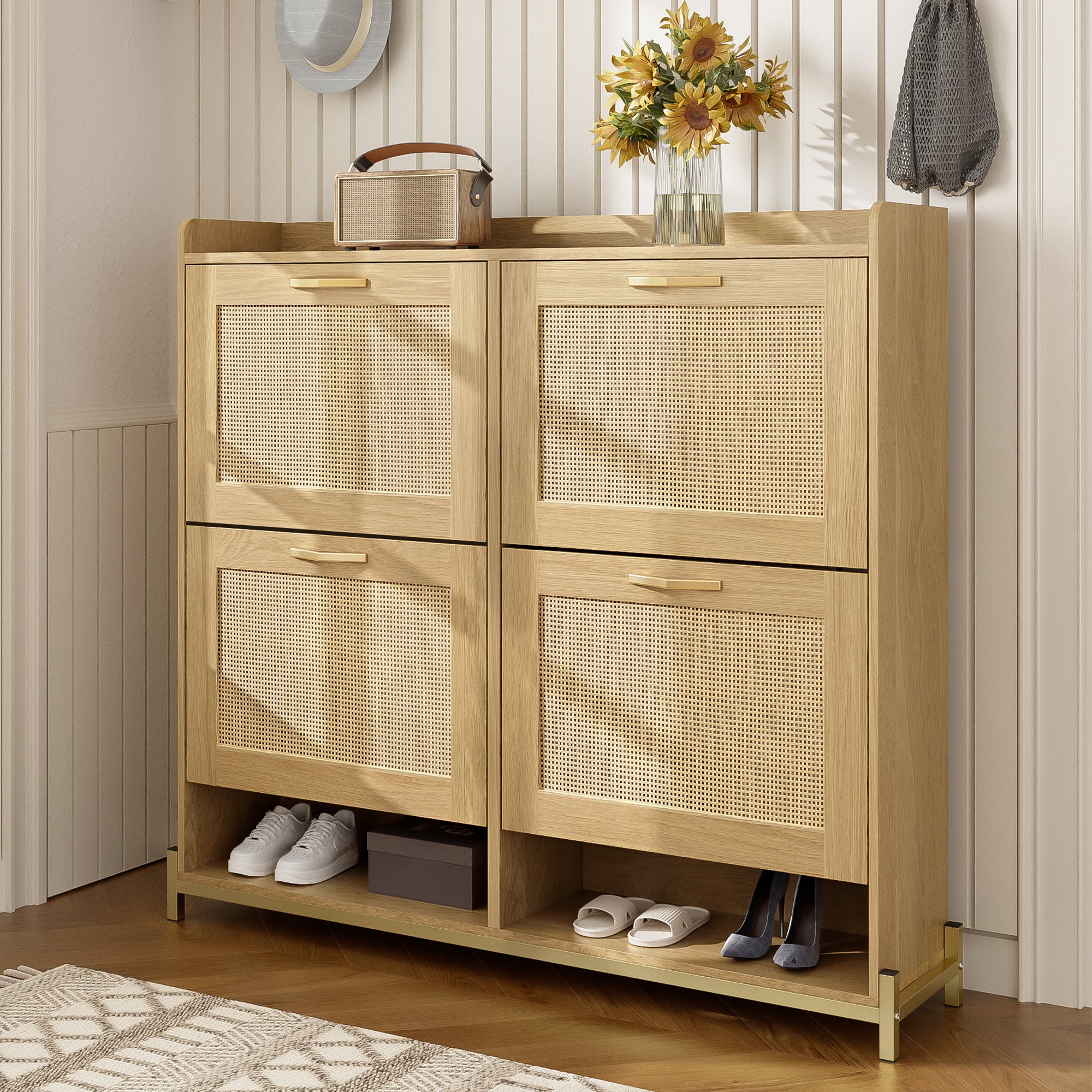 Szafka na buty z 4 drzwiami rattanowymi i 2 przegrodami - 108,5 x 24 x 100 cm - MDF - Kolor drewna