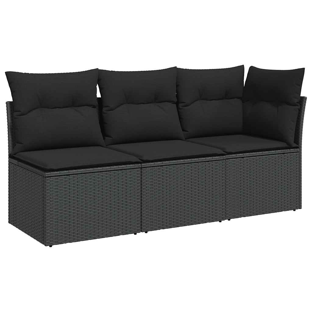 Sofa Ogrodowa 3-Osobowa Czarna z Czarnymi Poduszkami i Schowkiem