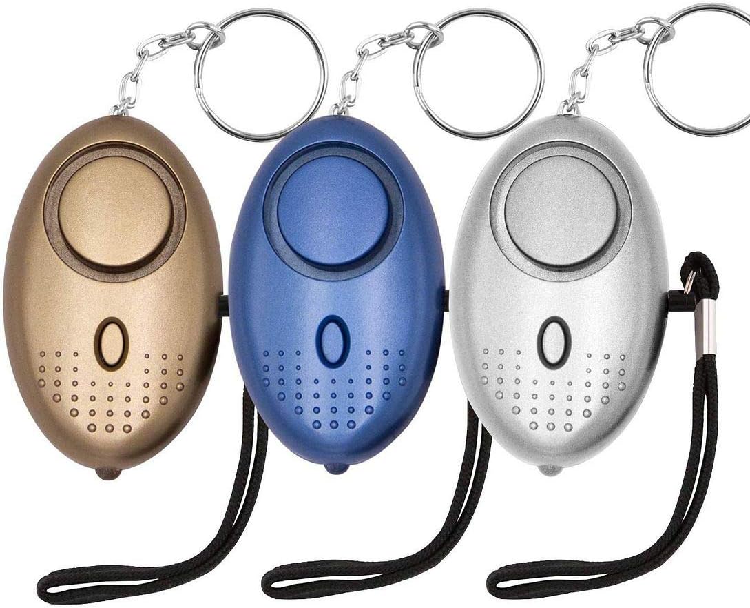 Osobisty alarm awaryjny, zestaw 3-częściowy, 130 decybeli, z diodami LED (złota + niebieska + srebrna).