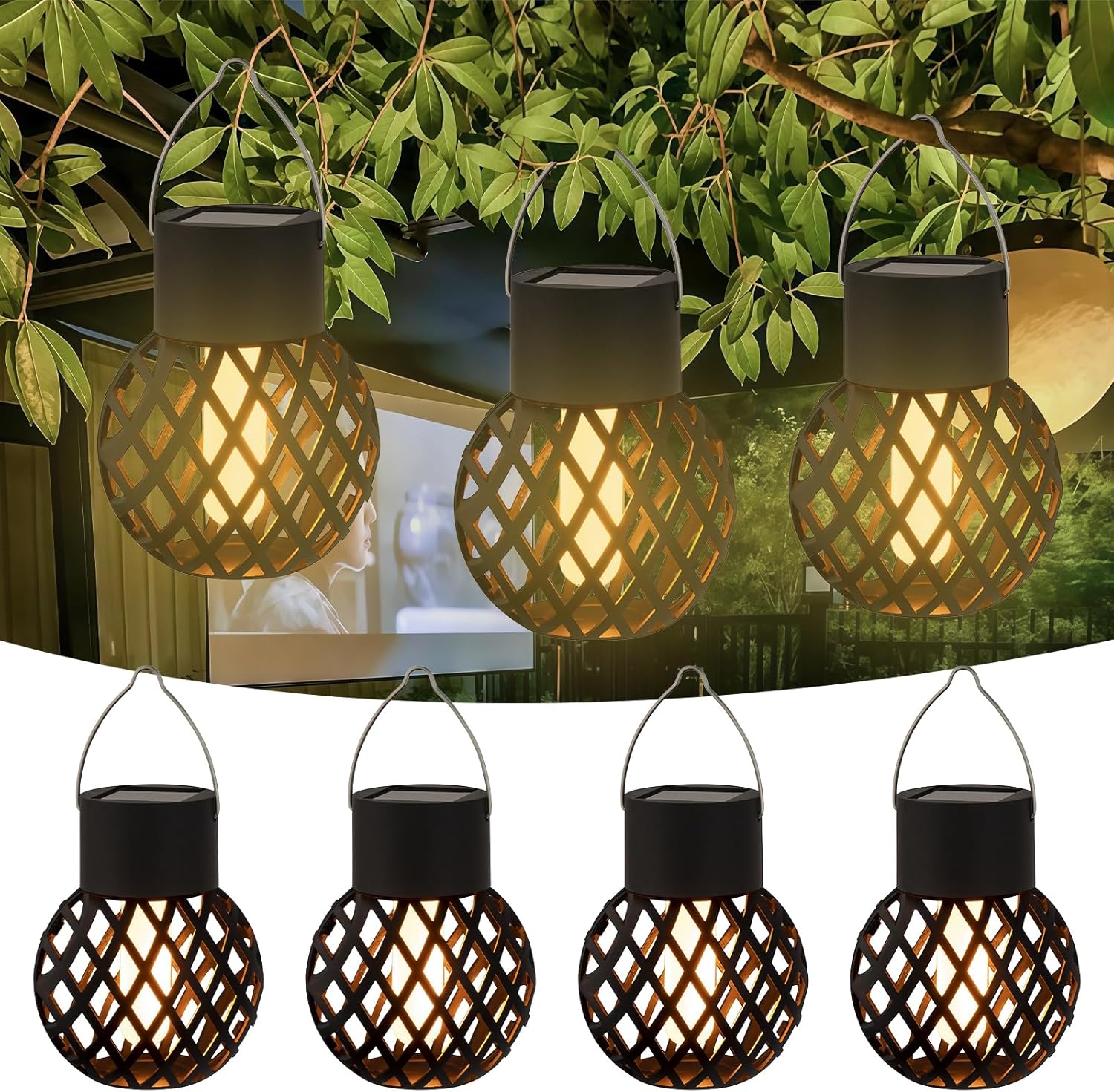 Zestaw 8 zewnętrznych lamp wiszących z efektem płomienia zasilanych energią słoneczną, latarenek solarnych LED do ogrodu, na patio, trawnik, oświetlen