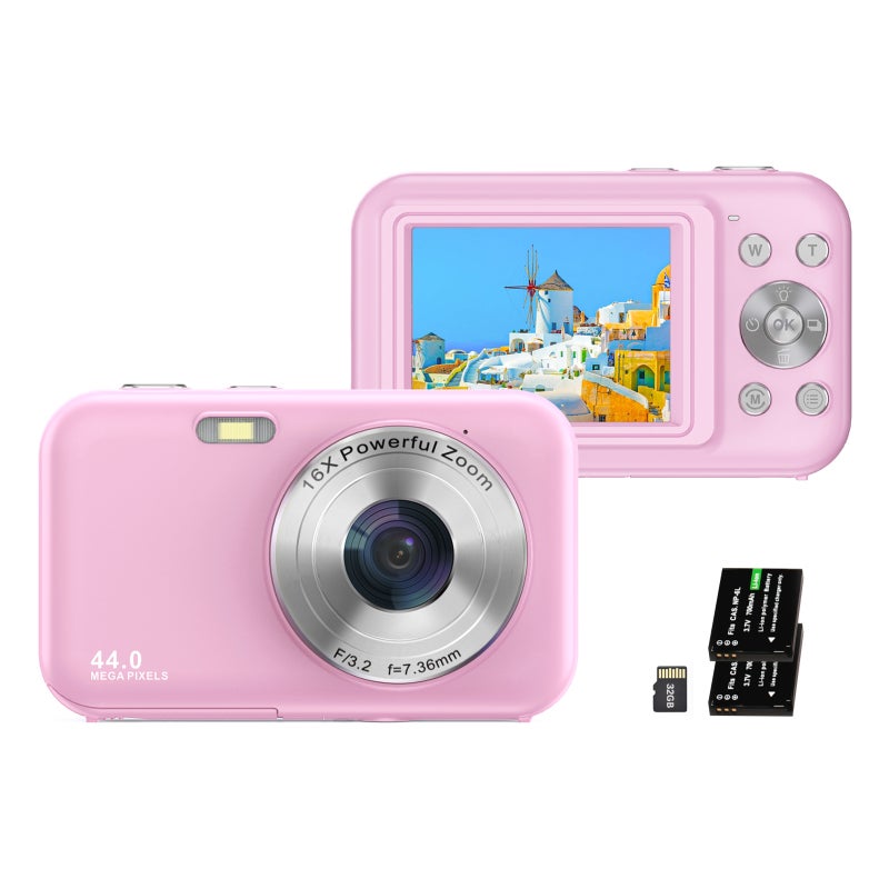 Aparat cyfrowy 1080P, 44MP, zoom 16x, 2 baterie, 32GB, dla dzieci/dorosłych.