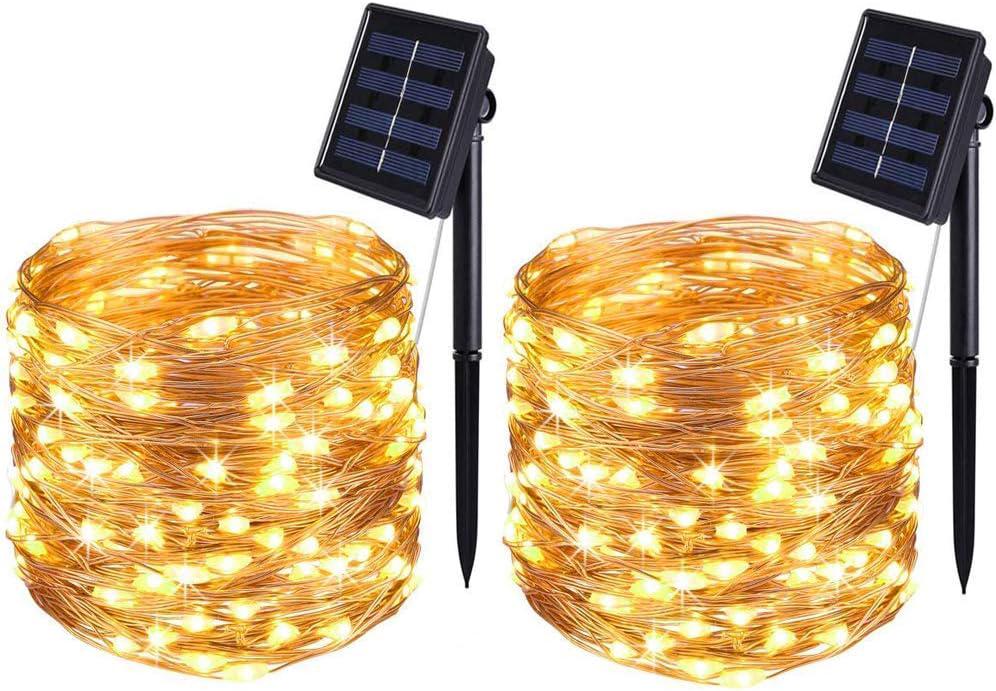 Solarne Lampki Ozdobne, 7M 50LED Zewnętrzne Solarne Lampki Ozdobne, 8 Trybów Wodoodporny Miedziany Drut do Dekoracji (Ciepła Biel, 2 sztuki)