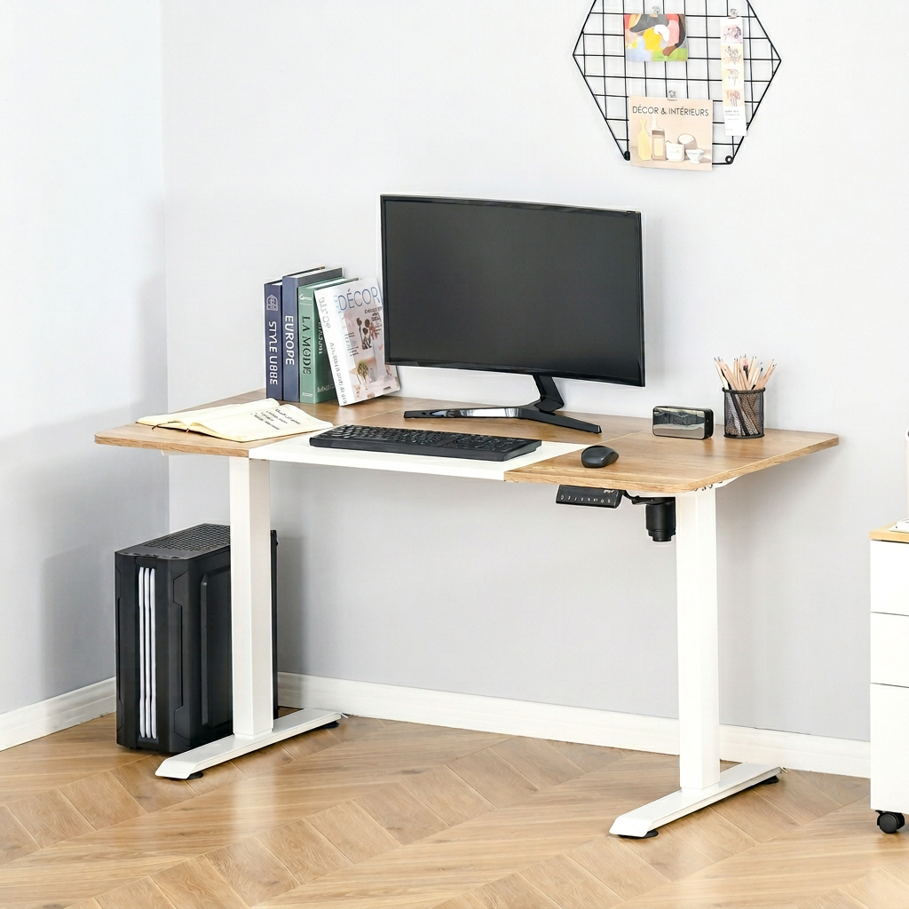 Biurko elektryczne z regulacją wysokości 140x70 cm białe, stół stojąco-siedzący z 4 pamięciami, biurko ergonomiczne antykolizyjne do biura
